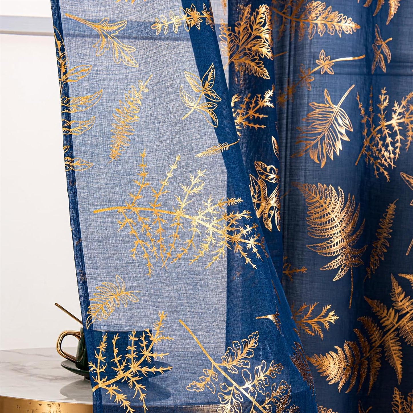 Sheer Curtains 2 Panels, Gold Foil Metallic Vine Leaves Print Window Treatments Pair, Privacy Drapes Rod Pocket 52" W X 84" L, Navy Blue