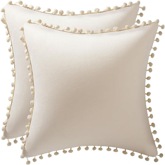 Couch Pillow Covers 20X20 Beige: 2 Pack Cozy Soft Pom-Poms Velvet Square Throw Pillow Cases for Farmhouse Home Decor