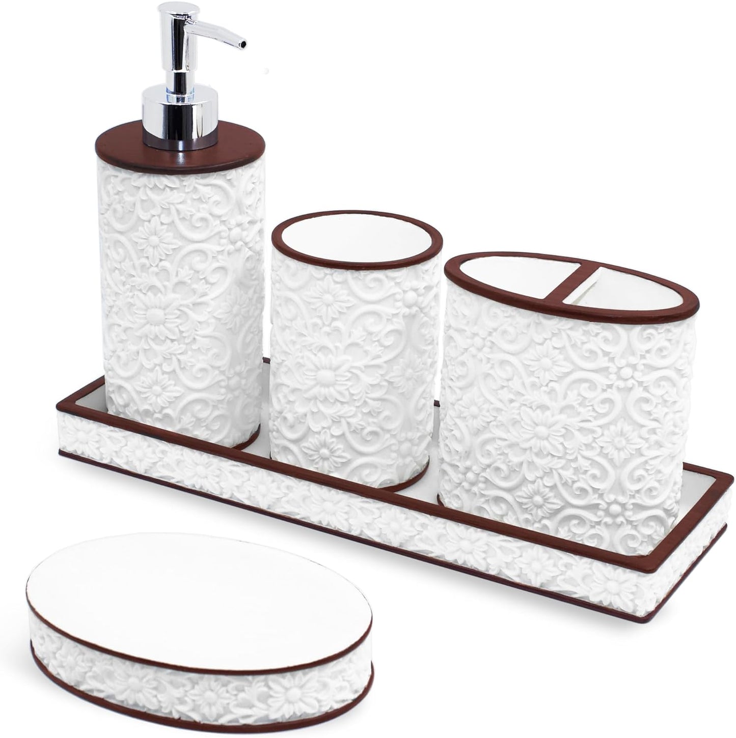 Bathroom Accessories Set, Elegant Handmade Floral Pattern, 5 Pcs, White