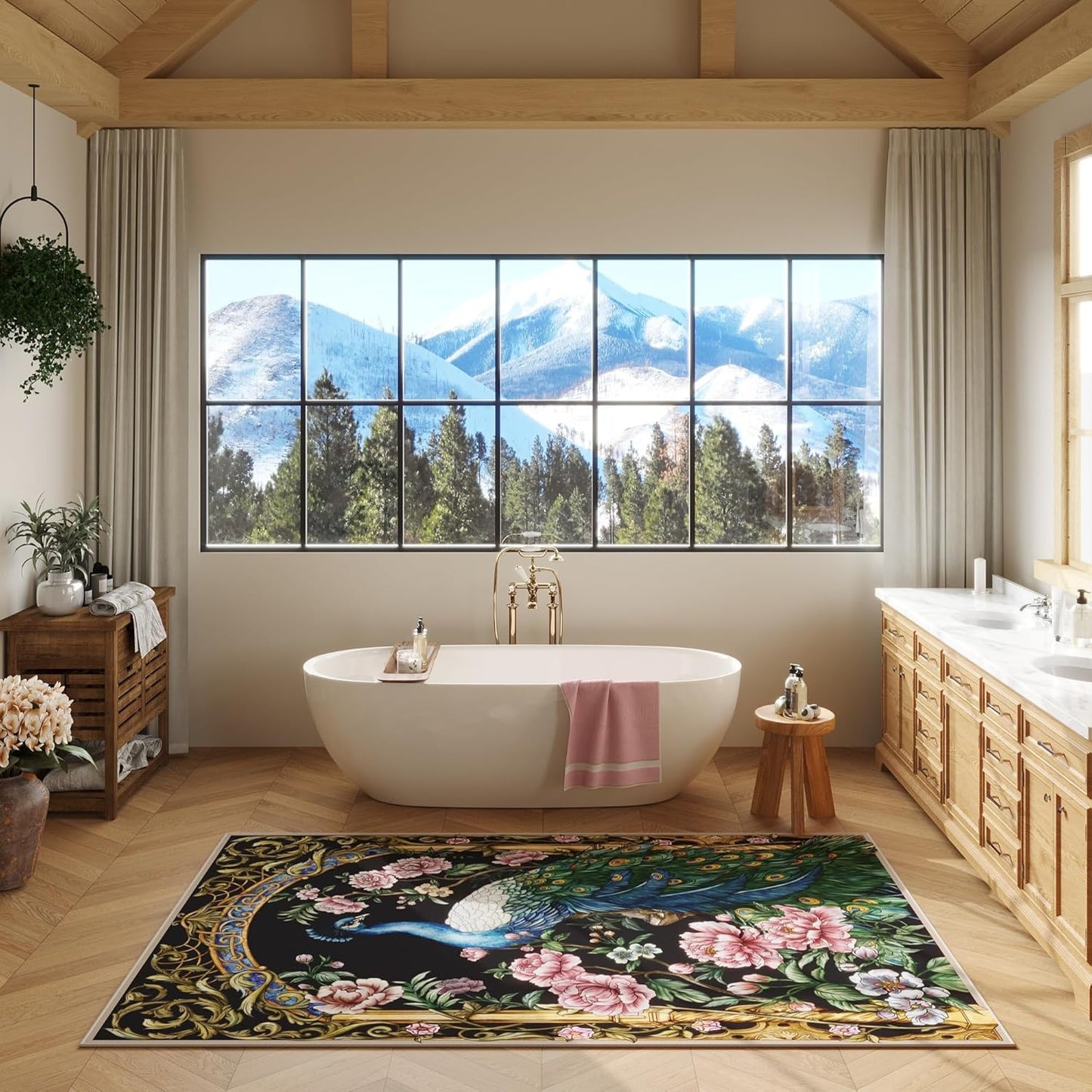 Bedroom Rug 3X5 Rug Washable Area Rug Floral Peacock, College Dorm (Black)