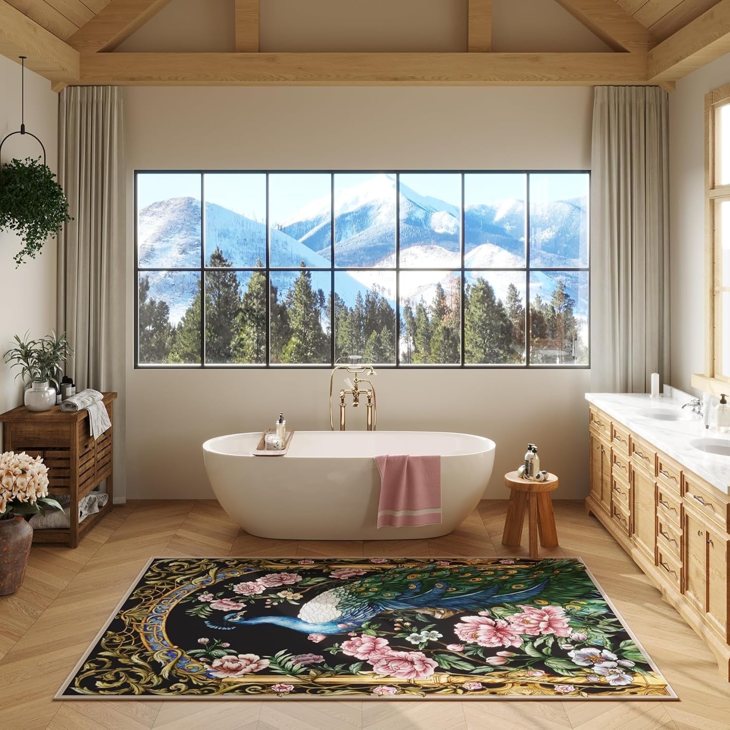 Bedroom Rug 3X5 Rug Washable Area Rug Floral Peacock, College Dorm (Black)