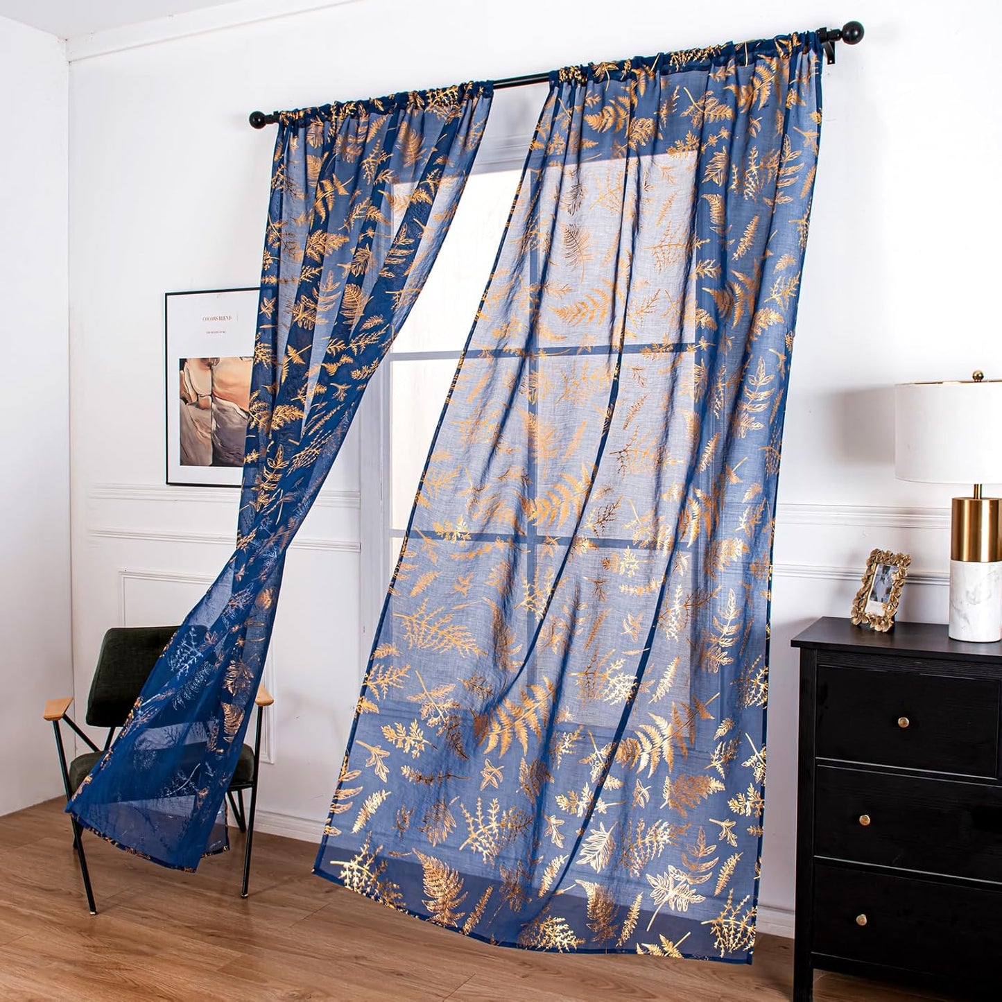 Sheer Curtains 2 Panels, Gold Foil Metallic Vine Leaves Print Window Treatments Pair, Privacy Drapes Rod Pocket 52" W X 84" L, Navy Blue