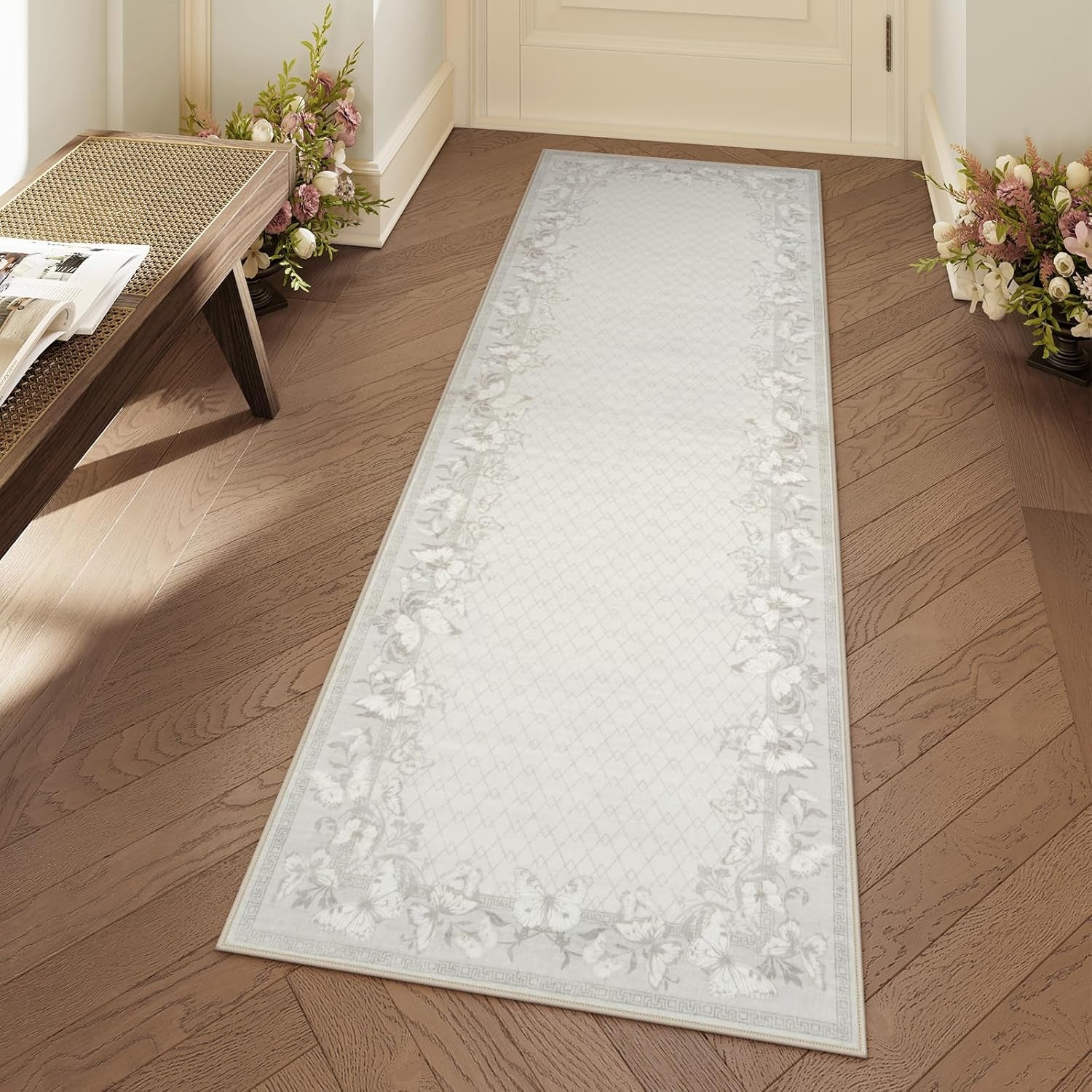 Runner Rug Non-Slip 2X6, Washable Butterfly Beige Rug Runners for Hallways, (Beige,2'X6')