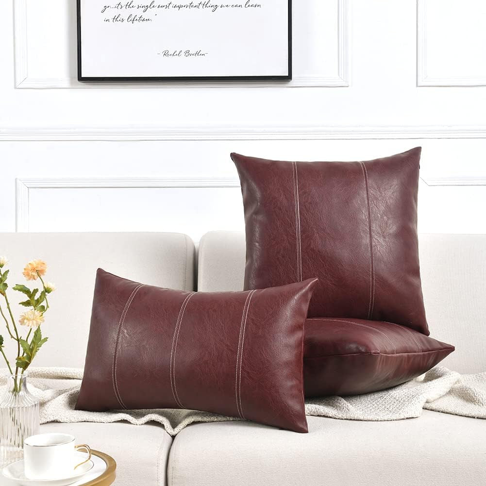 2 Packs Burgundy Lumbar Faux Leather Decorative Throw Pillow Covers 12X20 Inch