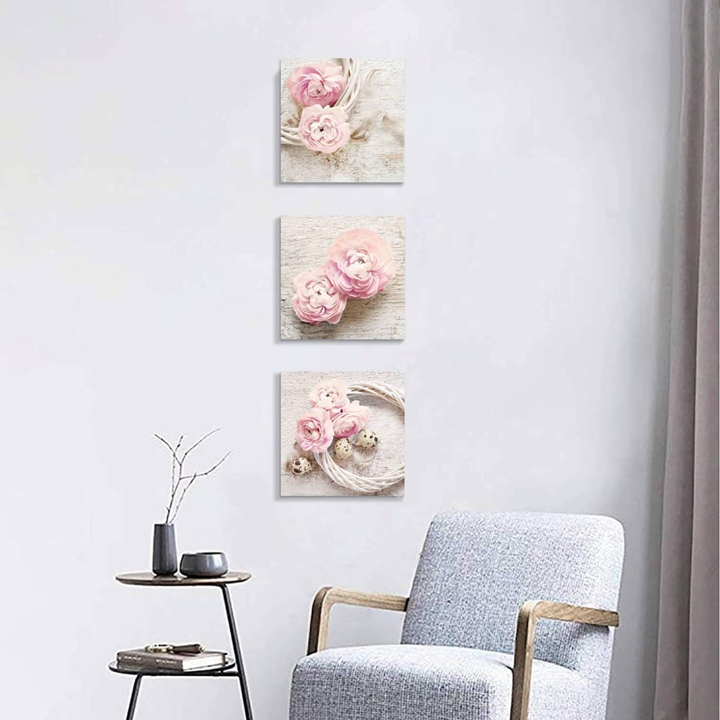Floral Picture Canvas Wall Art: Pink Peony Flower Wreath Photographic Prints for Decor (12”X12”X3Pcs)