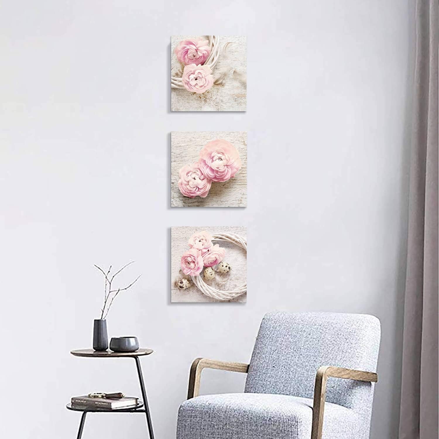 Floral Picture Canvas Wall Art: Pink Peony Flower Wreath Photographic Prints for Decor (12”X12”X3Pcs)