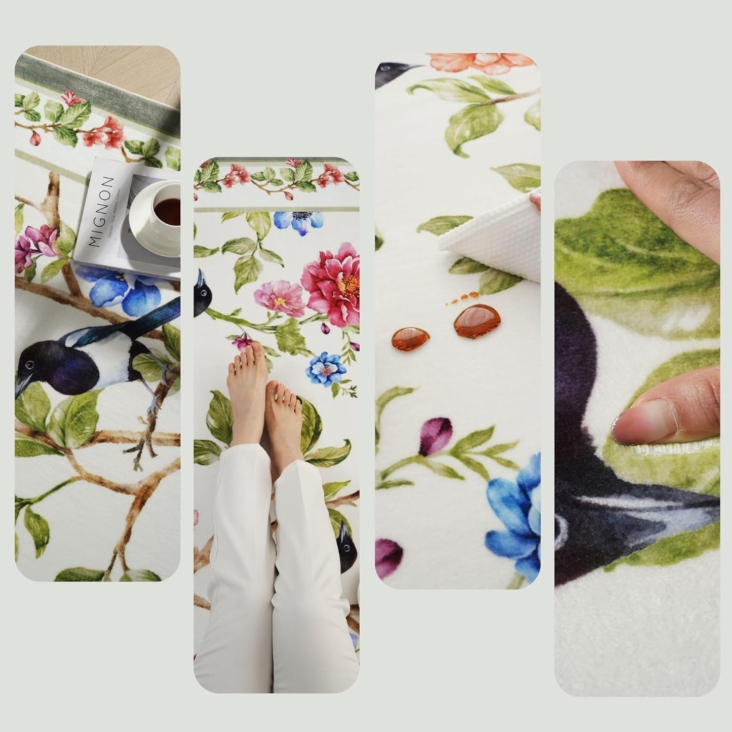 Runner Rug Non-Slip 2'X10' Long Washable with Rubber Backing, Soft Floral Bird Magpies Animal Carpet (White)