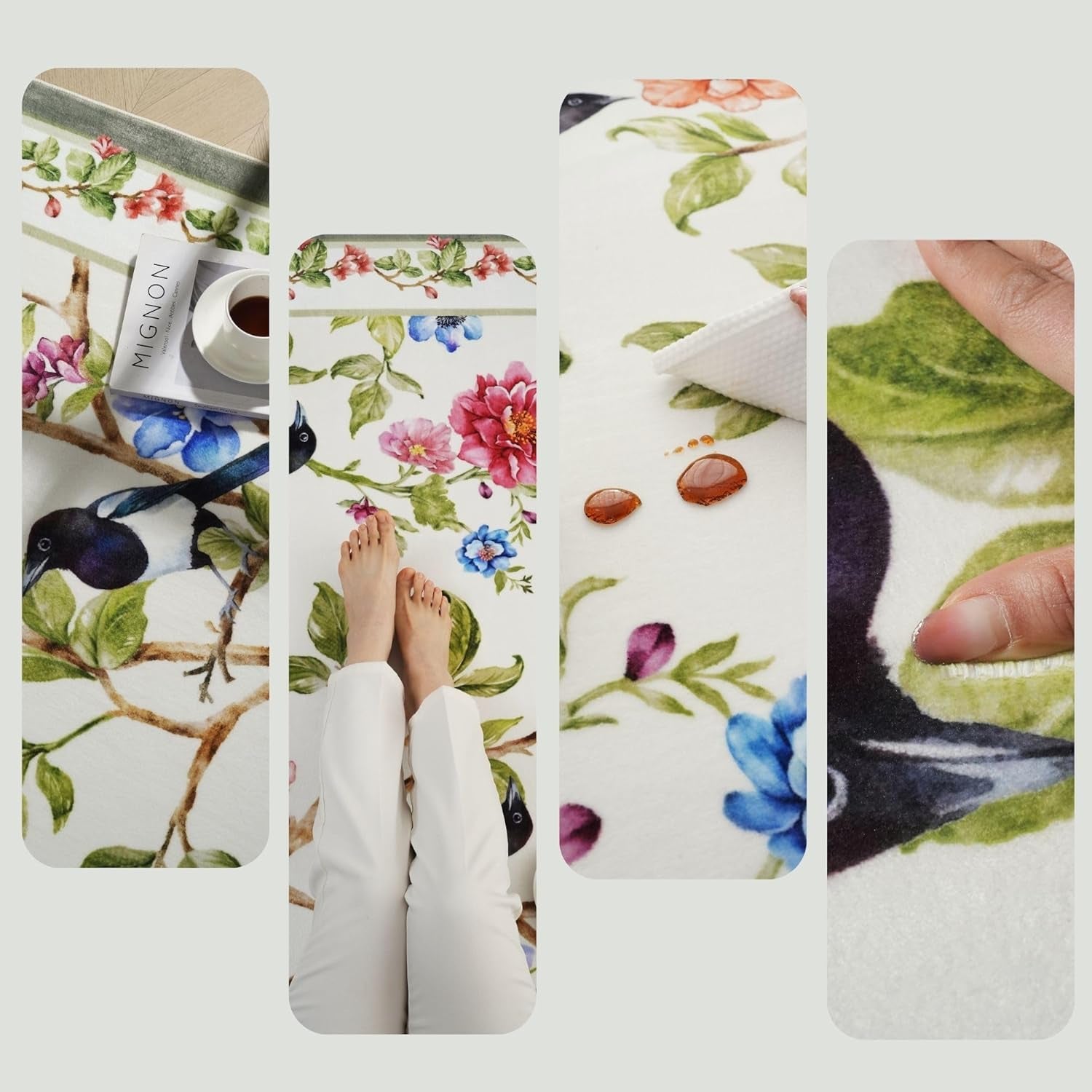 Runner Rug Non-Slip 2'X10' Long Washable with Rubber Backing, Soft Floral Bird Magpies Animal Carpet (White)