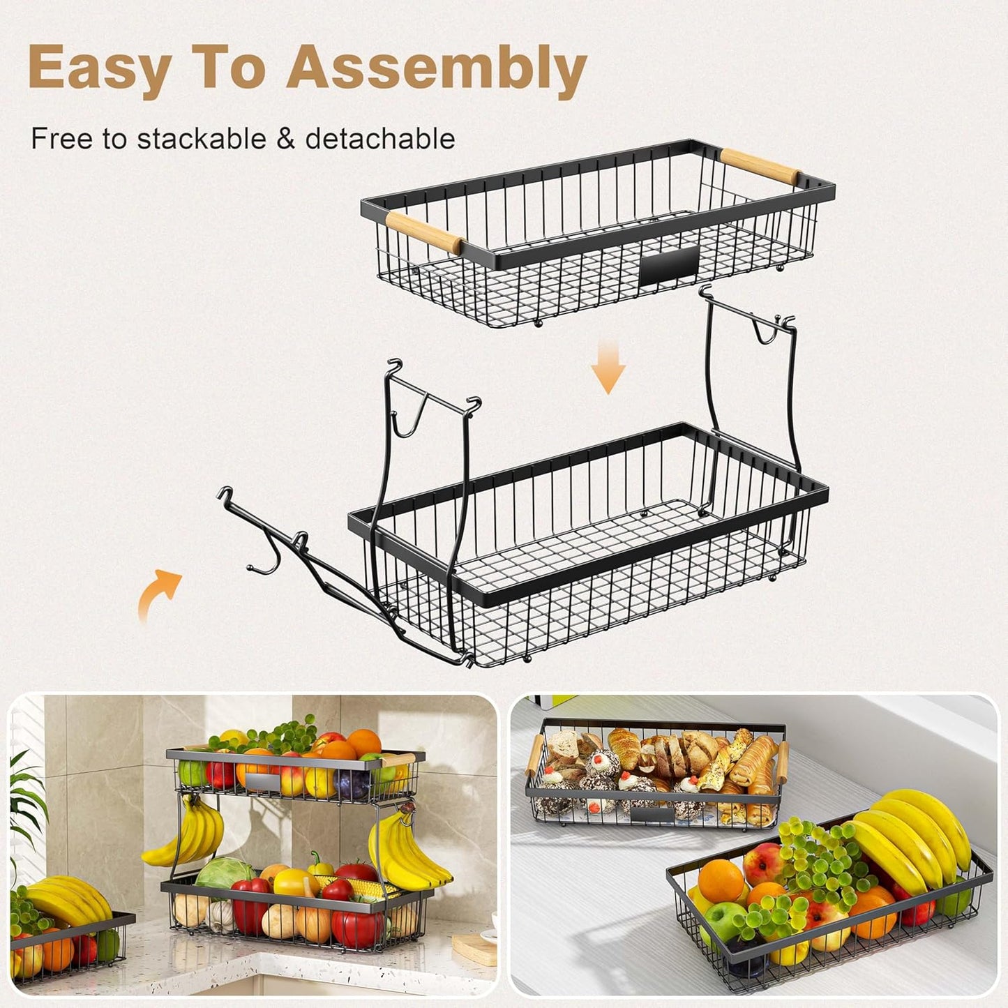 2 Tier Fruit Basket for Kitchen Counter, Wire Tiered Fruit Stand with Hangers & Handles, Black