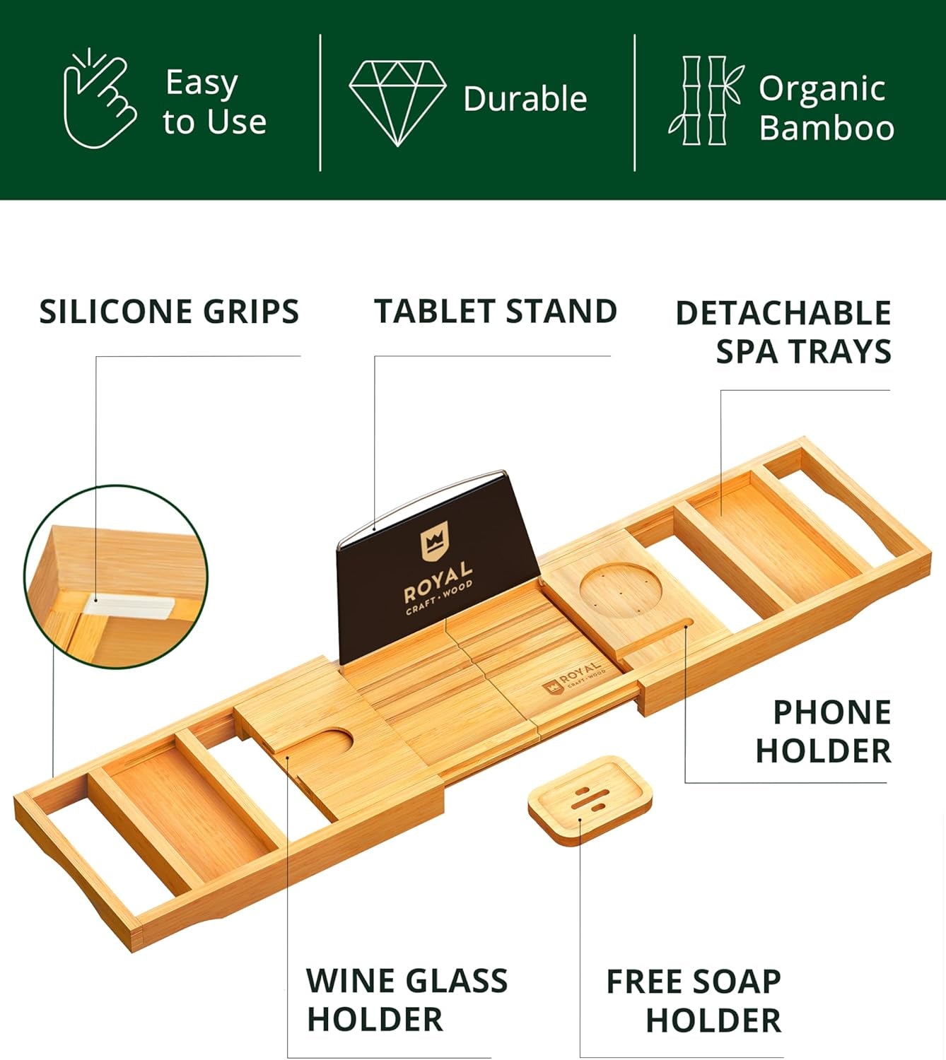 Premium Foldable Bathtub Tray - Wood Bath Tray for Tub, Bamboo Shelf