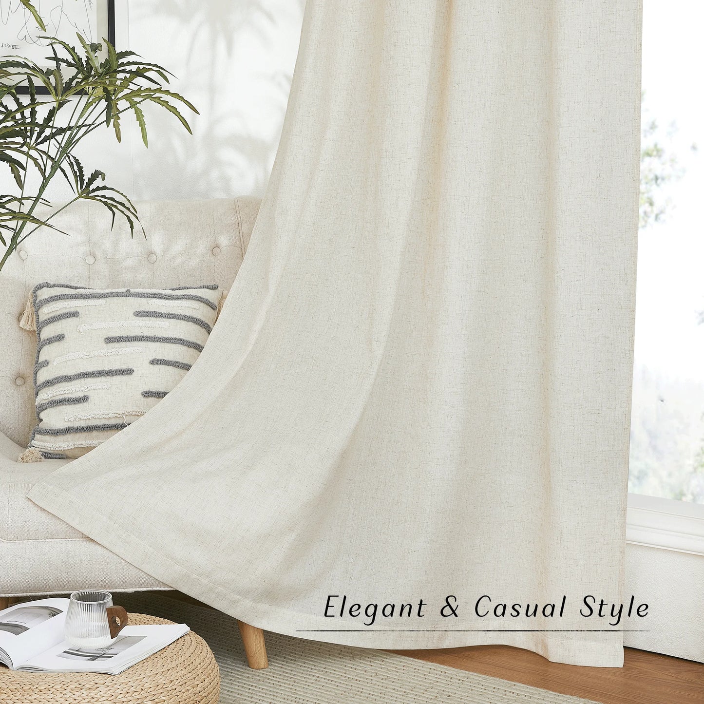 Linen Curtains, Natural Semi Sheer Thick Linen Drapes Light Filtering Elegant Neutral Bohemian Grommet Bedroom Curtain Panels, 55"X84", 2 Panels