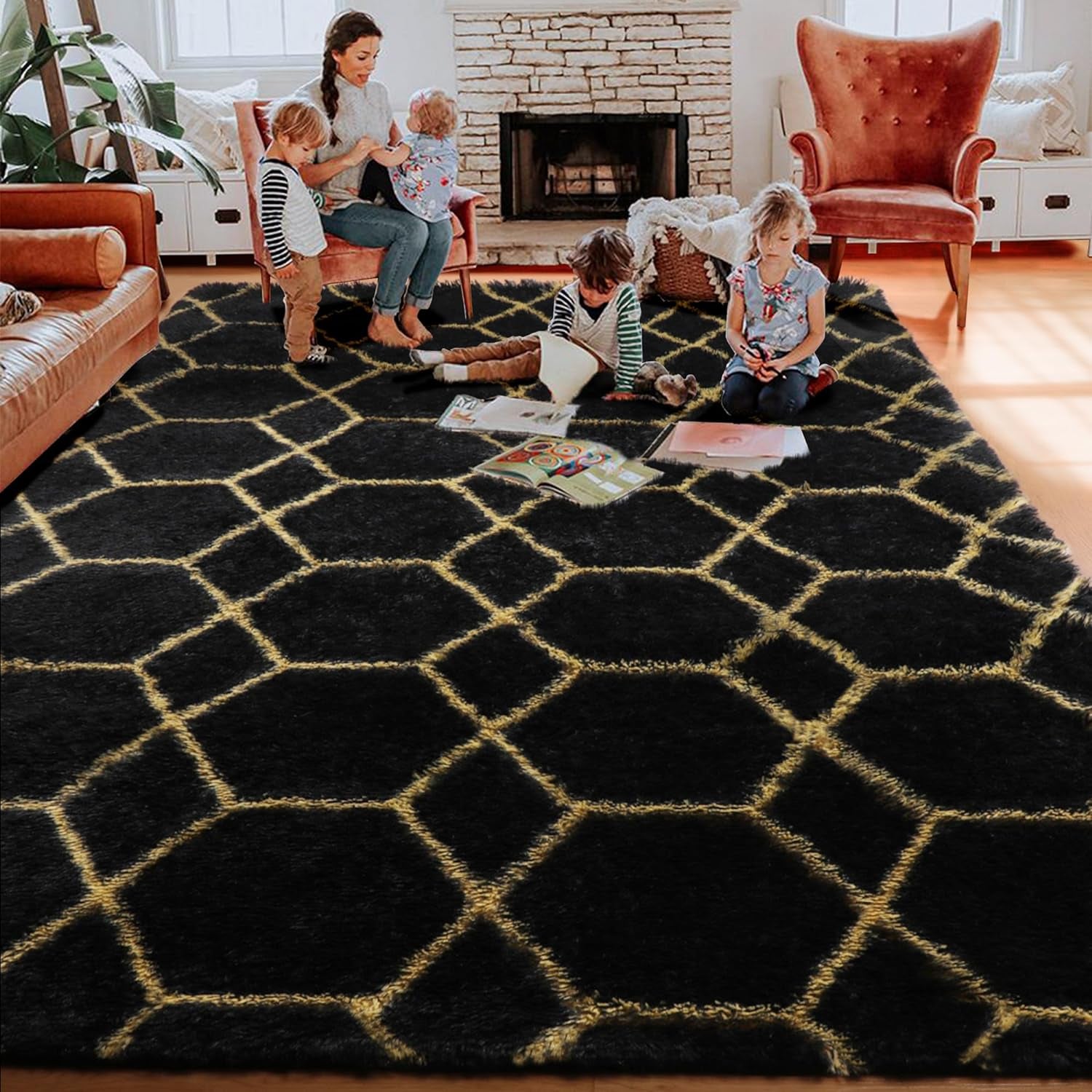 Geometric Thick Fluffy Black and Gold Area Rug, 6X9