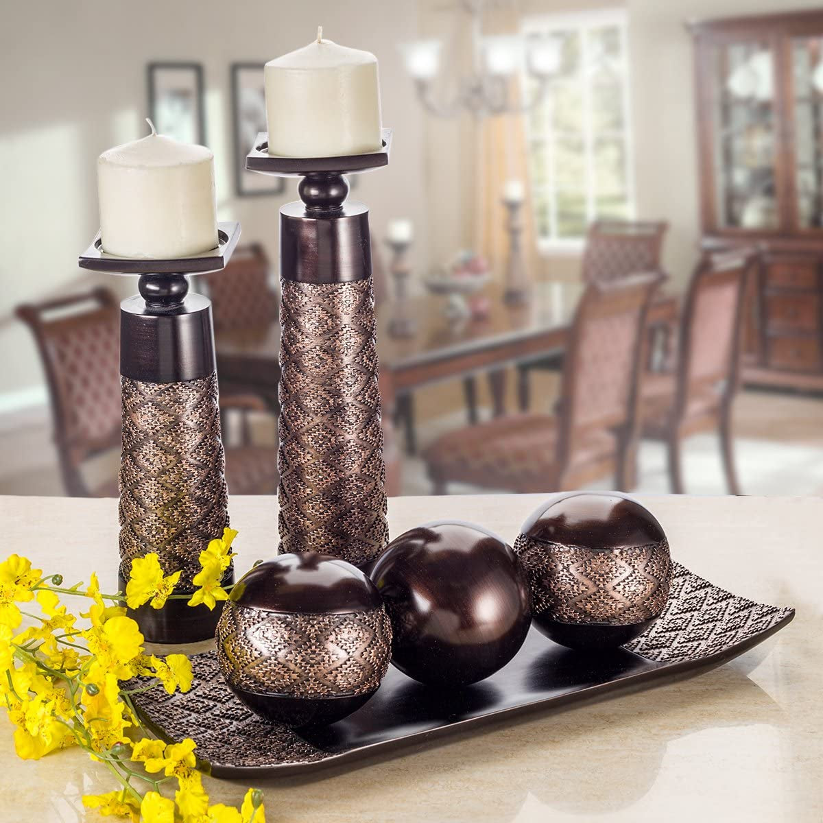 Dublin Home Decor Bowl and Orbs Set - Coffee Table Decor - Centerpiece Table Decorations for Living Room Decor - Decorative Accents Bowl with Spheres Balls for Dining Table Decor Brown