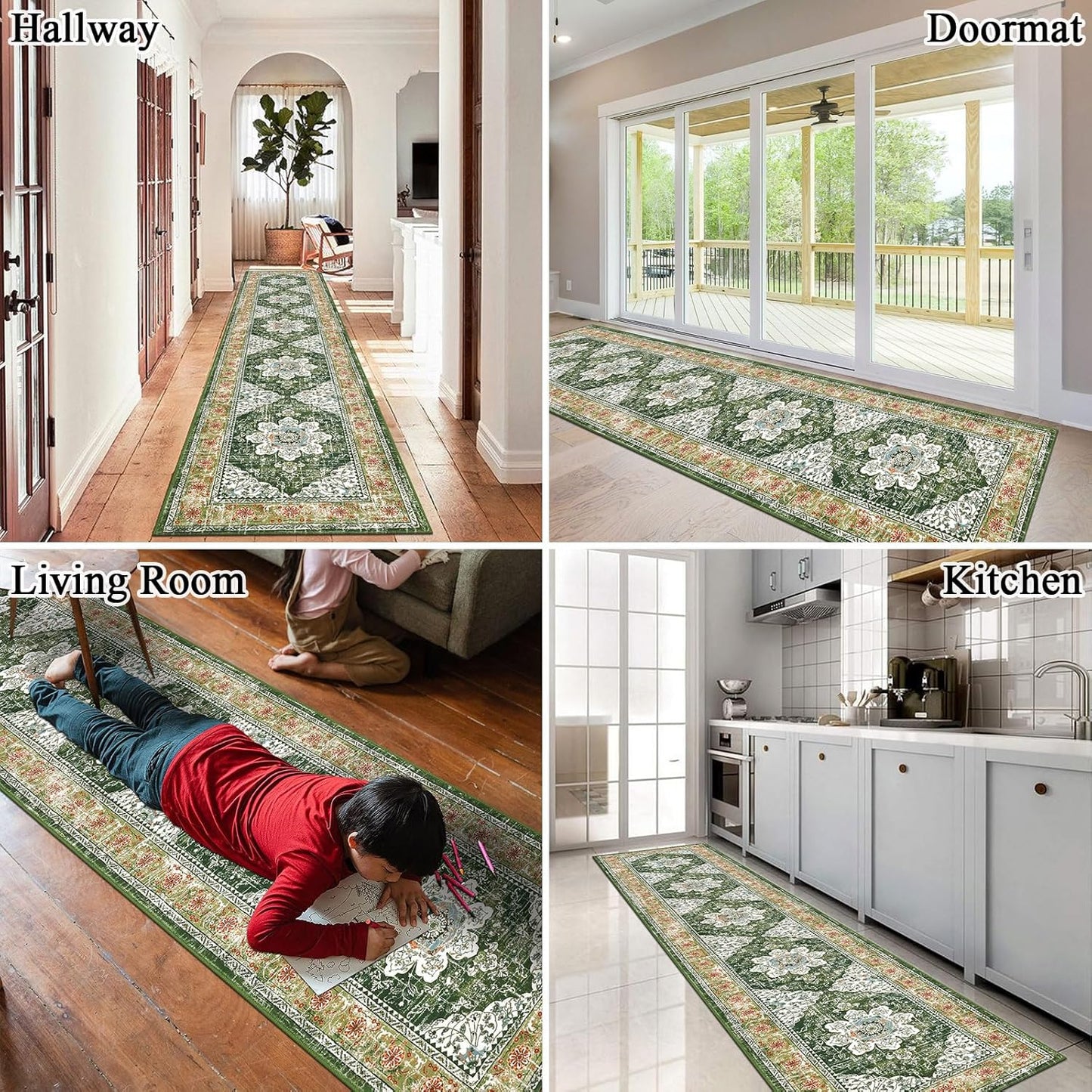 Vintage Runner Rug for Hallway 2X10Ft, Non-Slip Kitchen Floor Mat for Livingroom Corridor Indoor Doormat (Green )