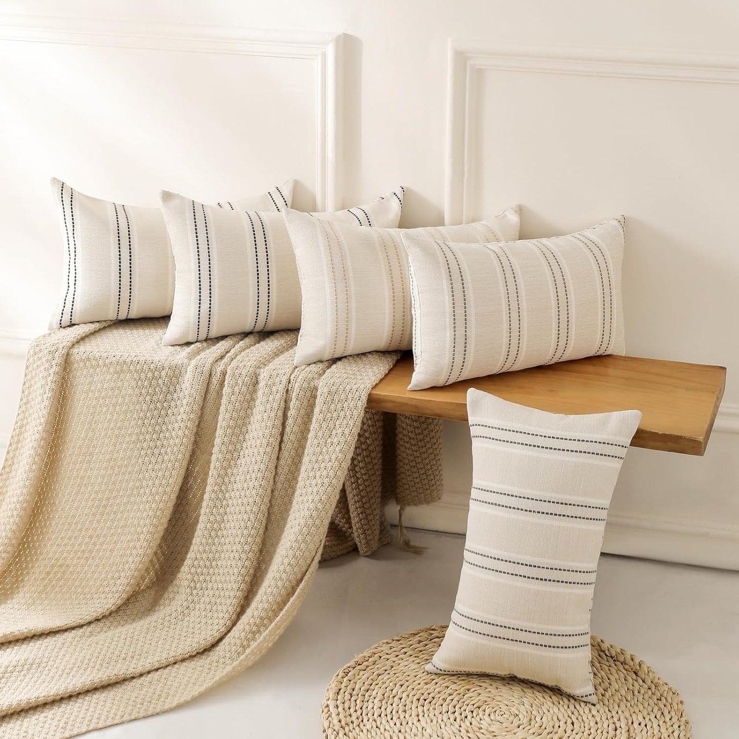 Hand Made Throw Pillow Covers 12X20 Set of 2 Striped Pillow Covers Textured Linen, Grey