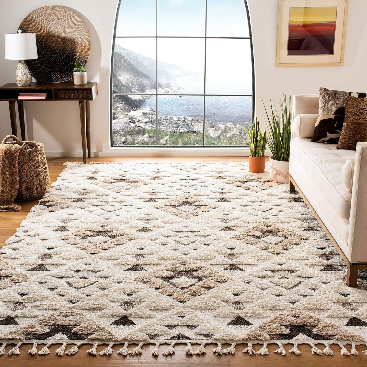Moroccan Tassel Shag Collection Area Rug - 6'7" Square, Ivory & Brown, Boho Design, Non-Shedding & Easy Care (MTS688A)