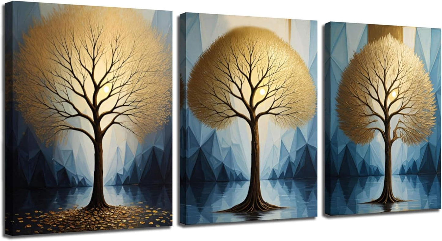 Tree Wall Art Gold Heart Shape Landscape Tree of Life Painting Teal Geometric Mountain Framed, 12"X16"X3 Panels