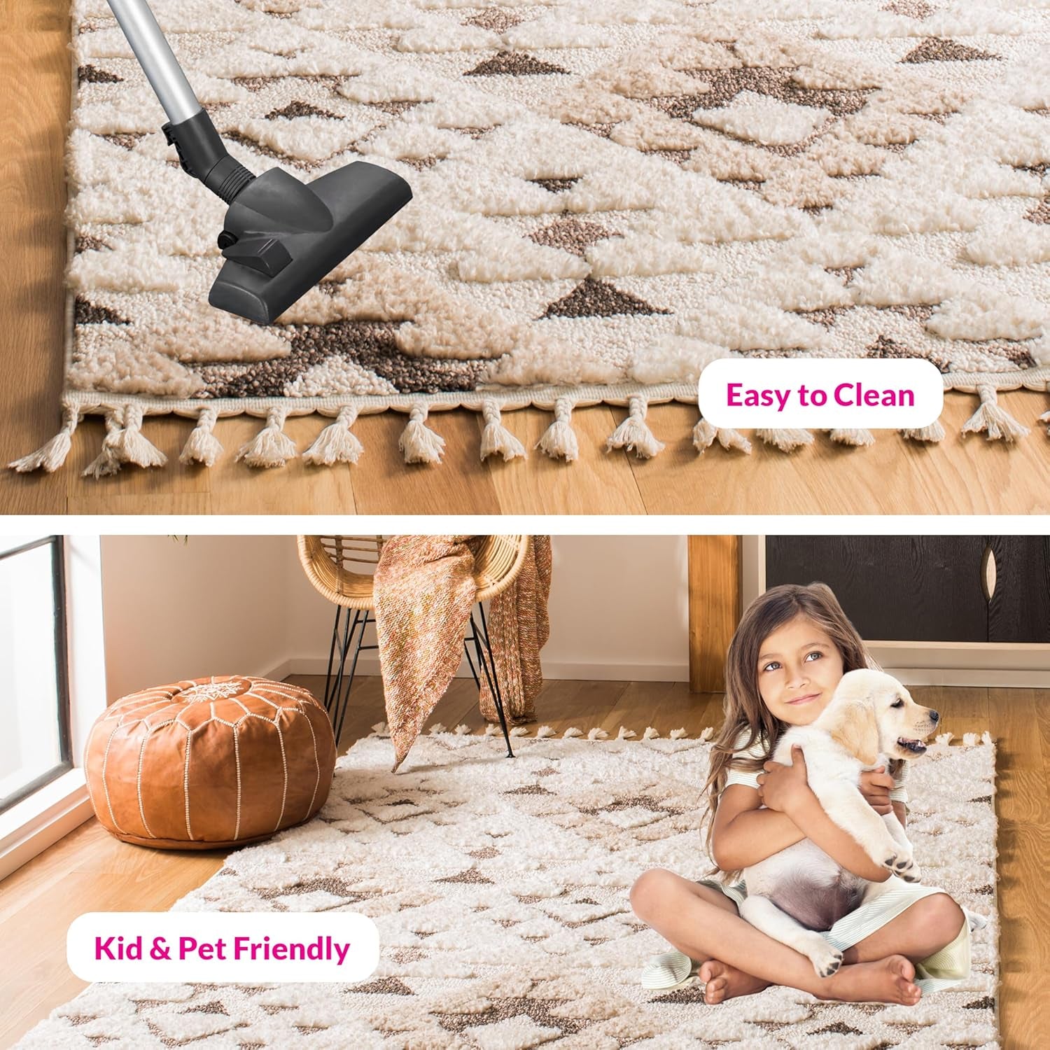 Moroccan Tassel Shag Collection Area Rug - 6'7" Square, Ivory & Brown, Boho Design, Non-Shedding & Easy Care (MTS688A)