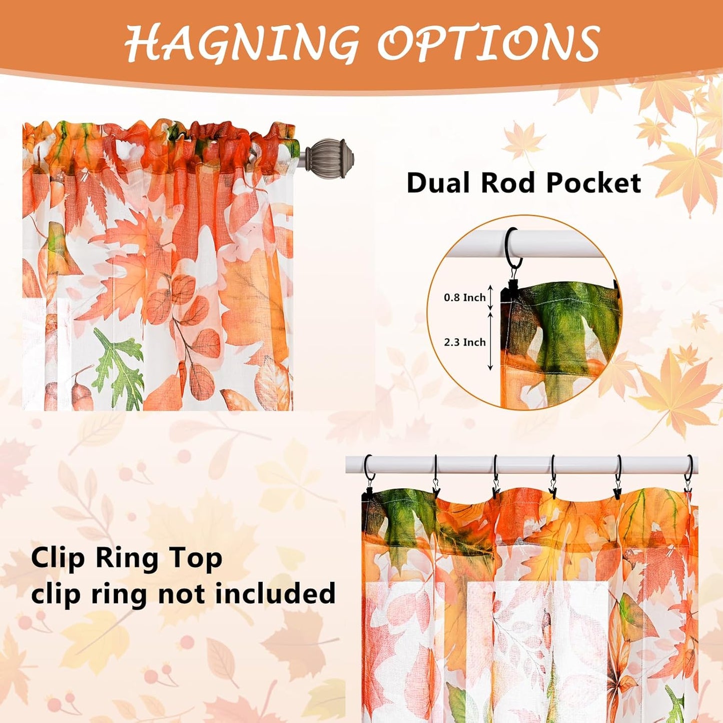 Fall Sheer Curtains, Maple Leaves Semi Window Curtains for Living Room, Light Filter Curtains 2 Panels Set, 52×84 Inch