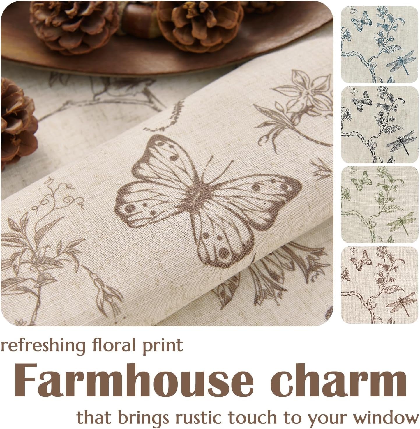 Floral Kitchen Curtains for Windows 36 Inch Farmhouse Country Linen Tier Curtains, Botanic Small Window Drapes, Rod Pocket Rustic 2 Panels Tan on Beige