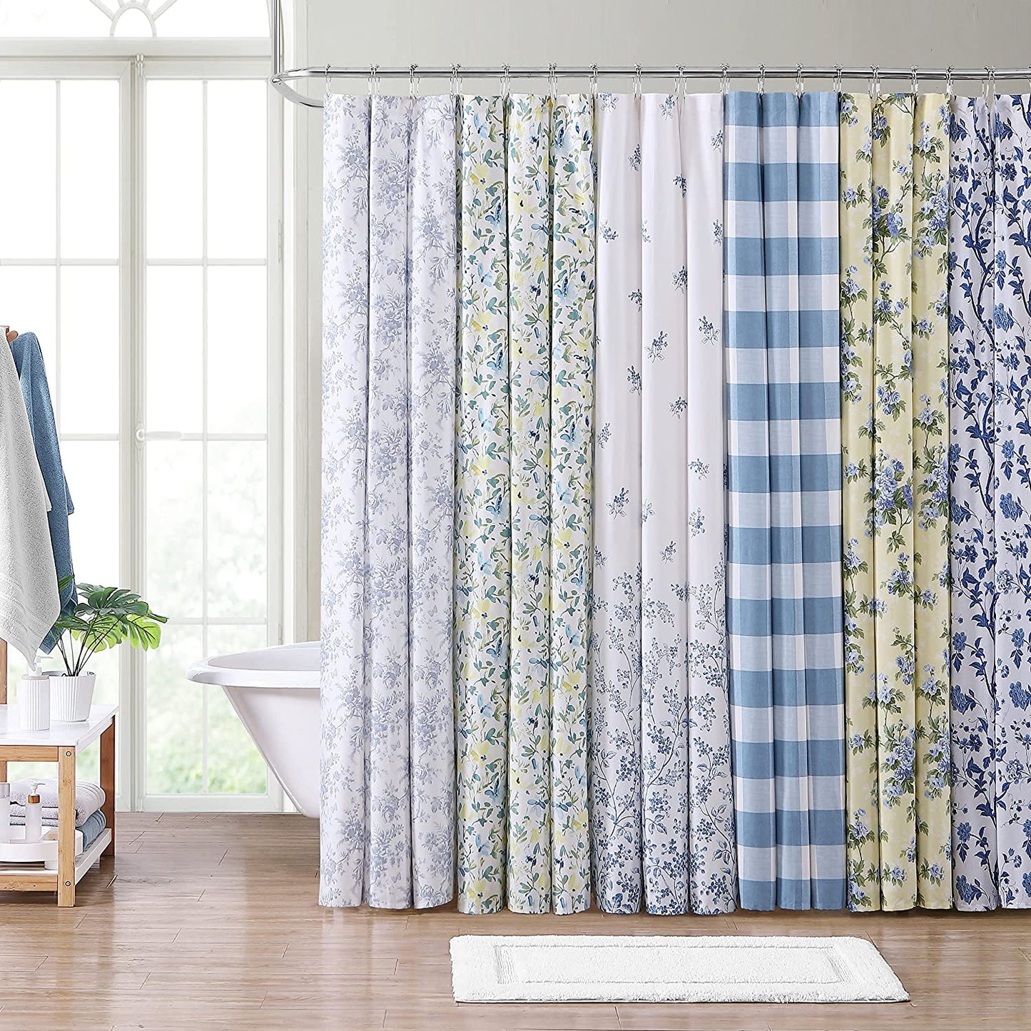 Shower Curtain, Stylish Bathroom Decor with Buttonhold Top, Elegant Blue Flowers