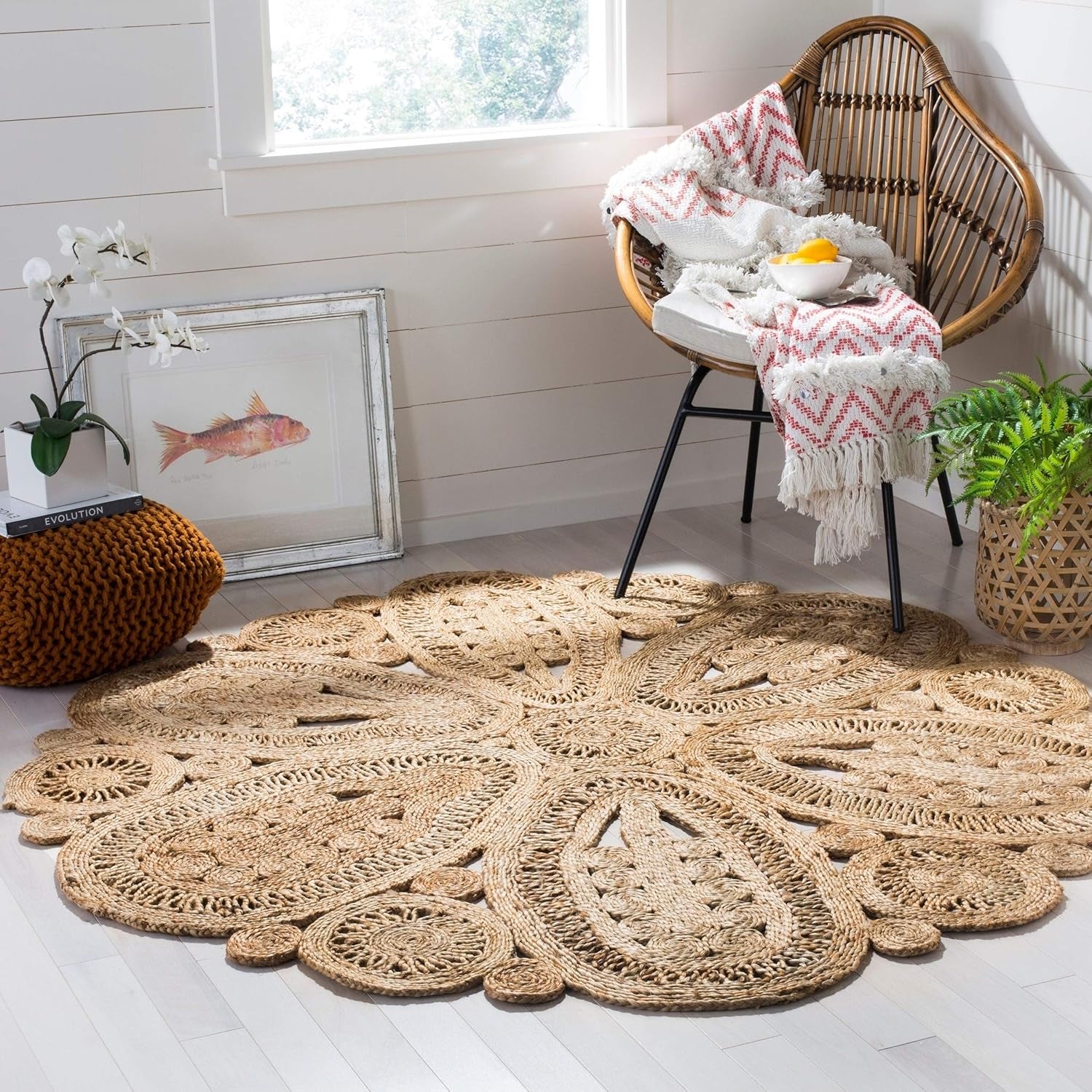 Natural Fiber Collection Area Rug - 5' Round, Natural, Handmade Boho Charm Farmhouse Jute, (NF360A)