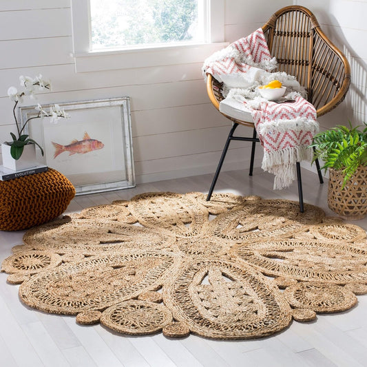 Natural Fiber Collection Area Rug - 5' Round, Natural, Handmade Boho Charm Farmhouse Jute, (NF360A)