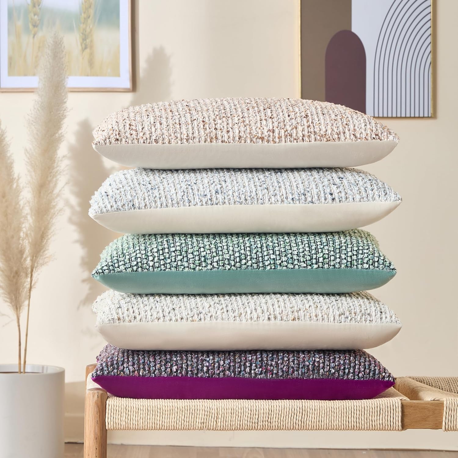 Decorative Lumbar Pillow Cover 12X20 Beige Striped Soft Wool