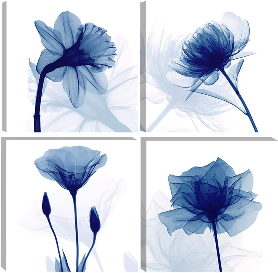 Large Blue Flickering Flower Modern Abstract Paintings Canvas Wall Art, 4pcs