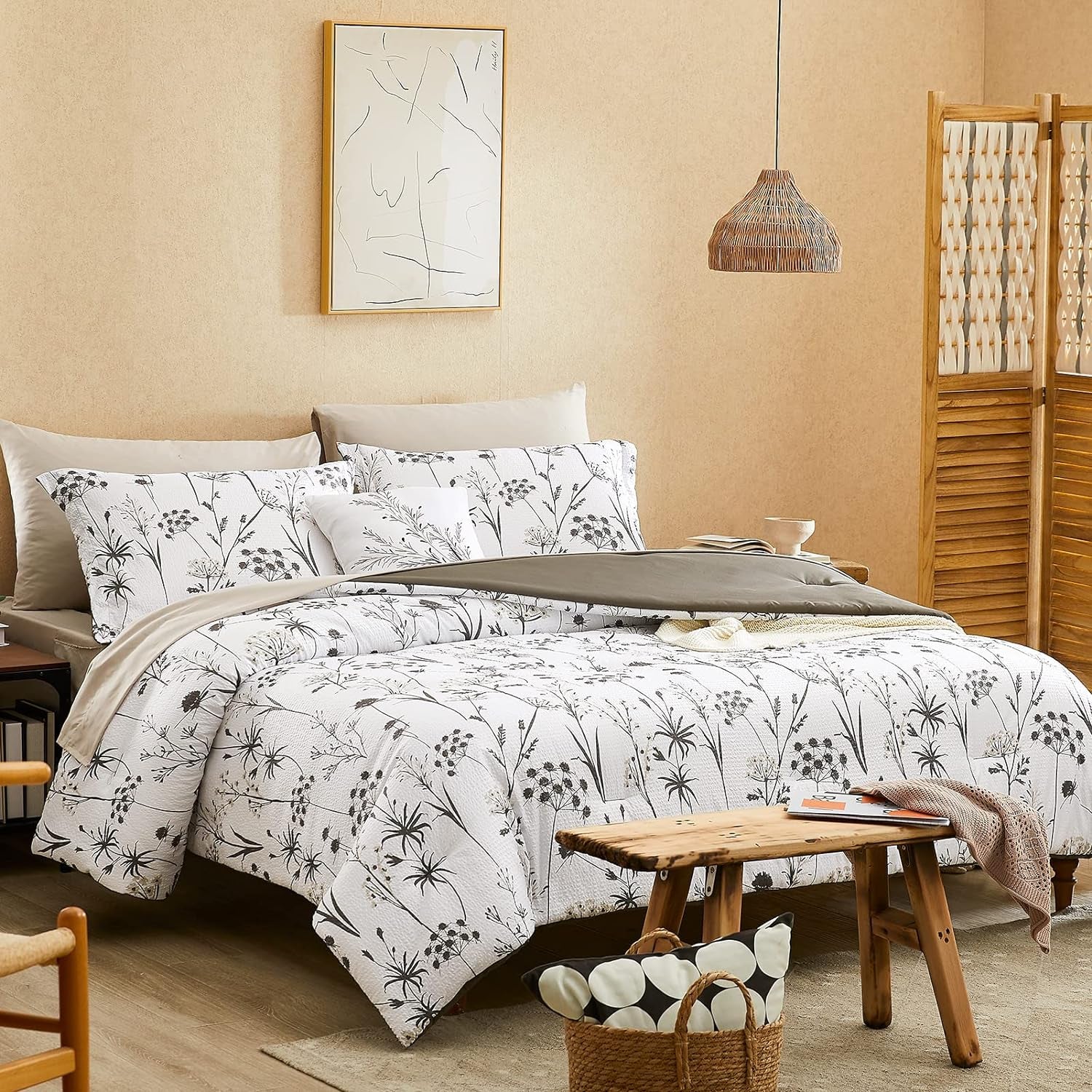 Dandelion Plant Comforter Set with Flowers Leaves Pattern, White and Grey Queen Size, 8pc (90"X90")