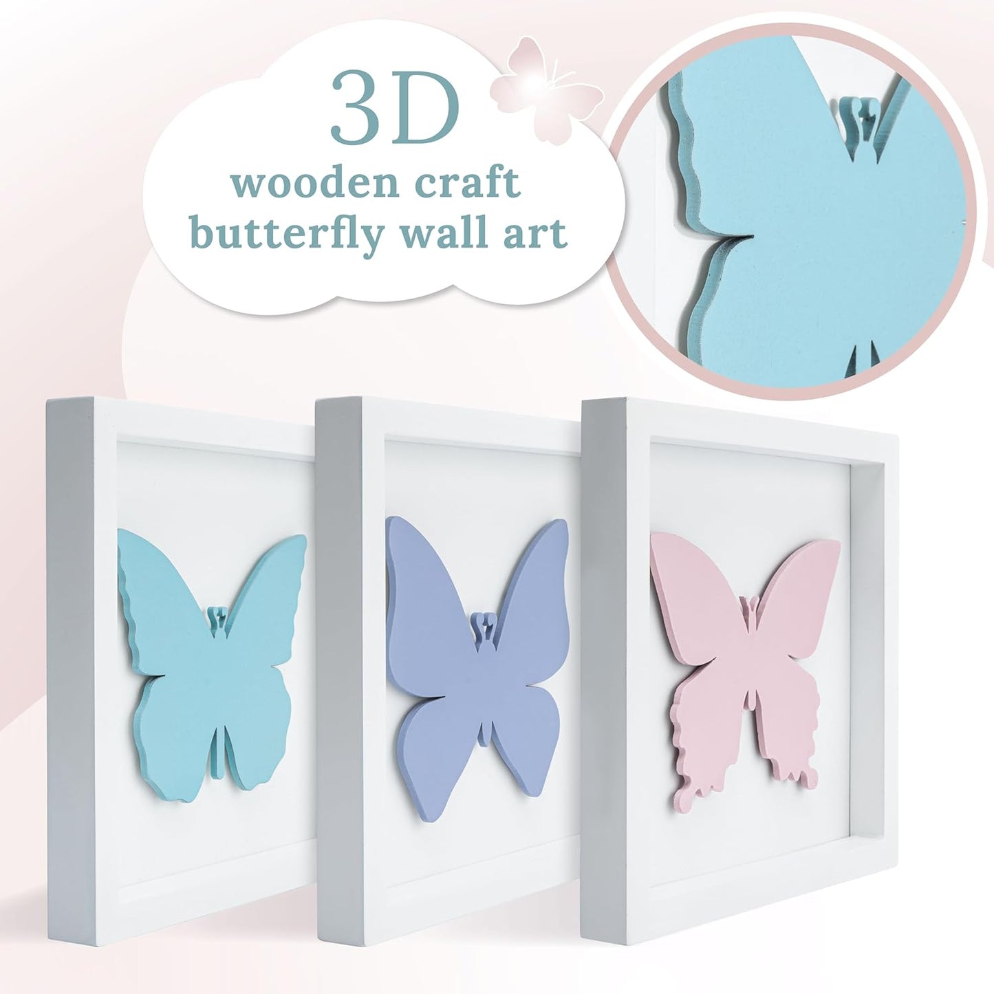 Tideandtales 3D Butterfly Room Decor for Girls, Set of 3 (7”X7”) Framed Wooden Wall Art for Nursery, Nature-Inspired Bedroom Decorations, Butterfly Decor for Baby Girl, Perfect Baby Gift