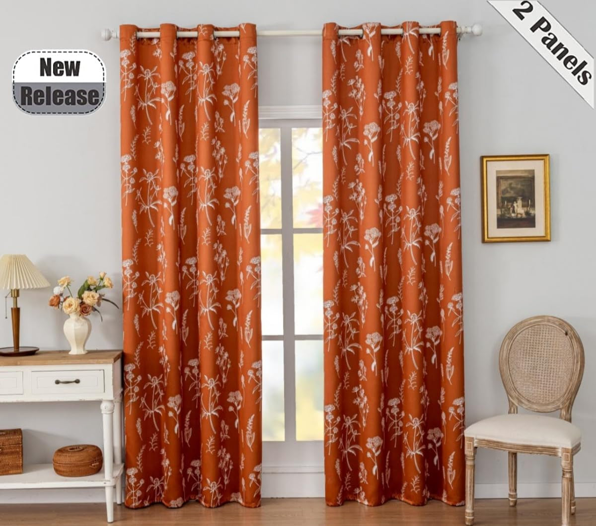 Burnt Orange Floral Curtains 100% Blackout Curtains for Bedroom 84 Inch Long 2 Panels,52Wx84L