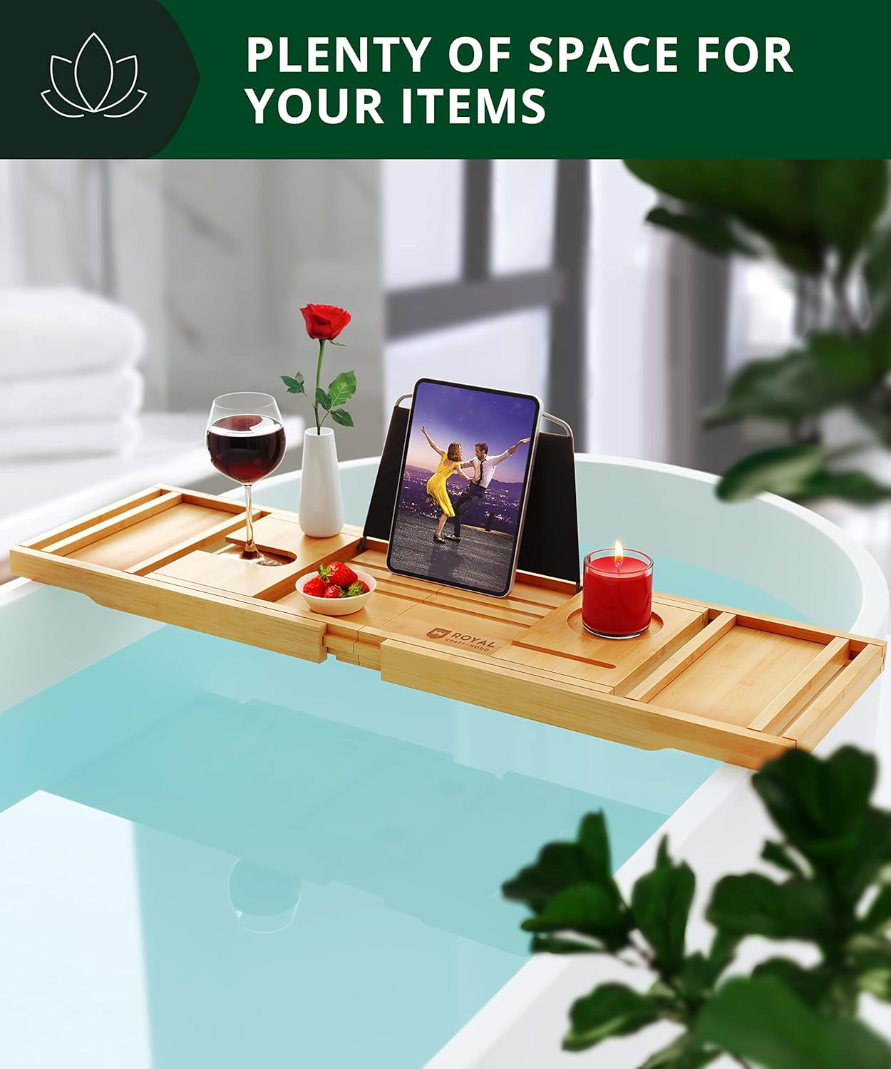 Premium Foldable Bathtub Tray - Wood Bath Tray for Tub, Bamboo Shelf