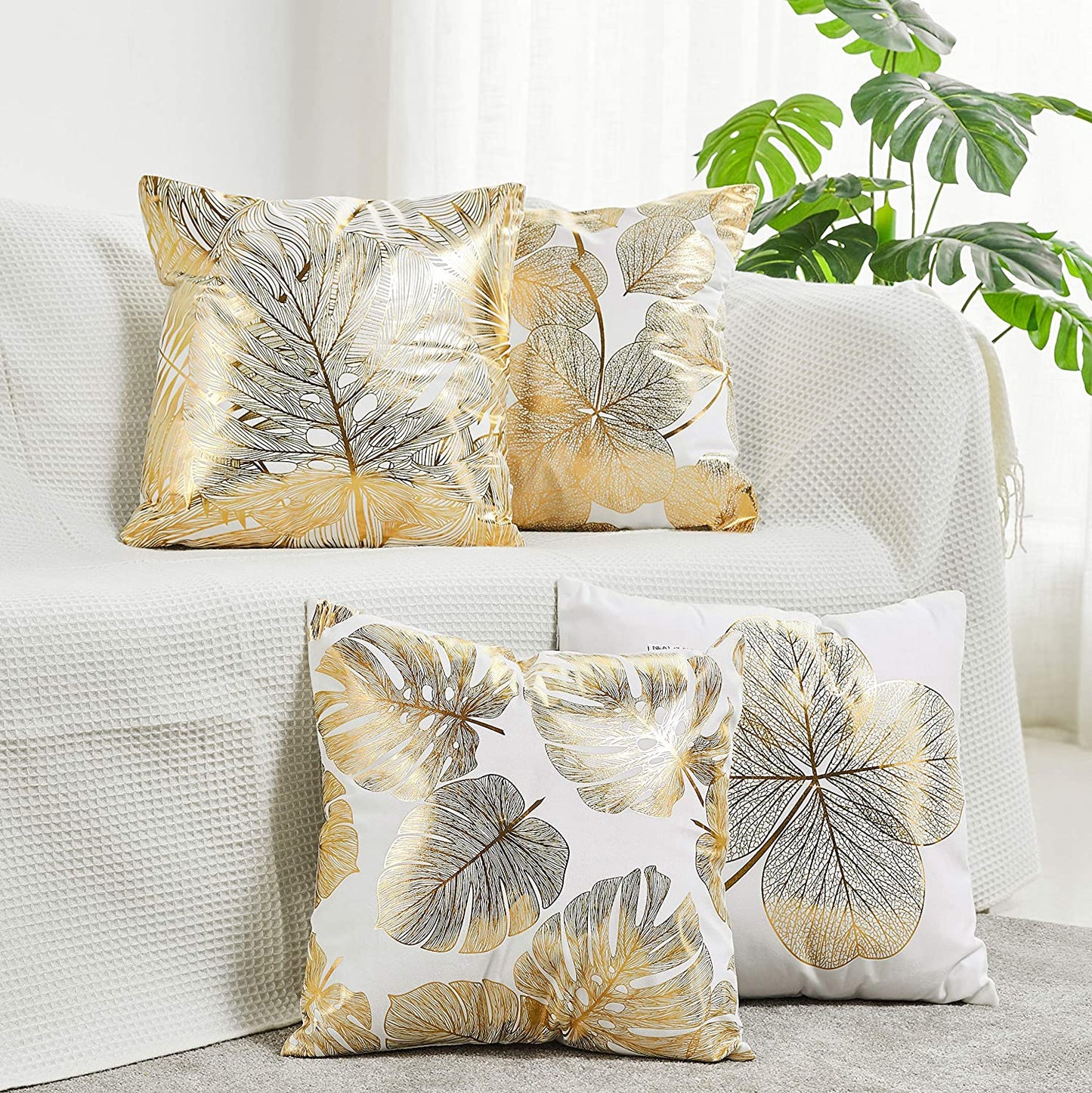 Decorative Throw Pillow Cover Gold Stamping Leaves 18 X 18 Inches, 4 Set