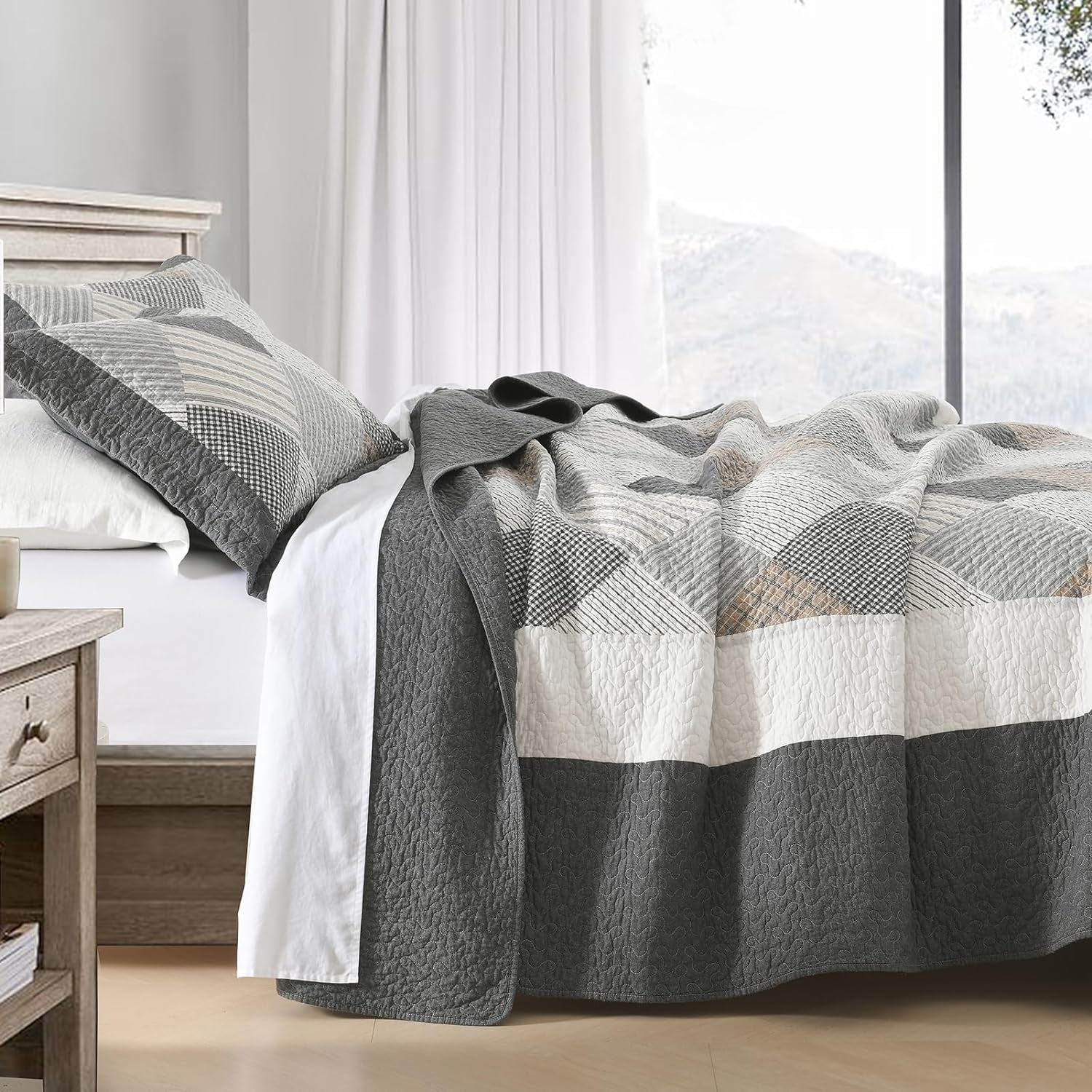 Cotton King Quilt Bedspread Set for King Bed, 3 Pcs, Dark Gray/White/Brown