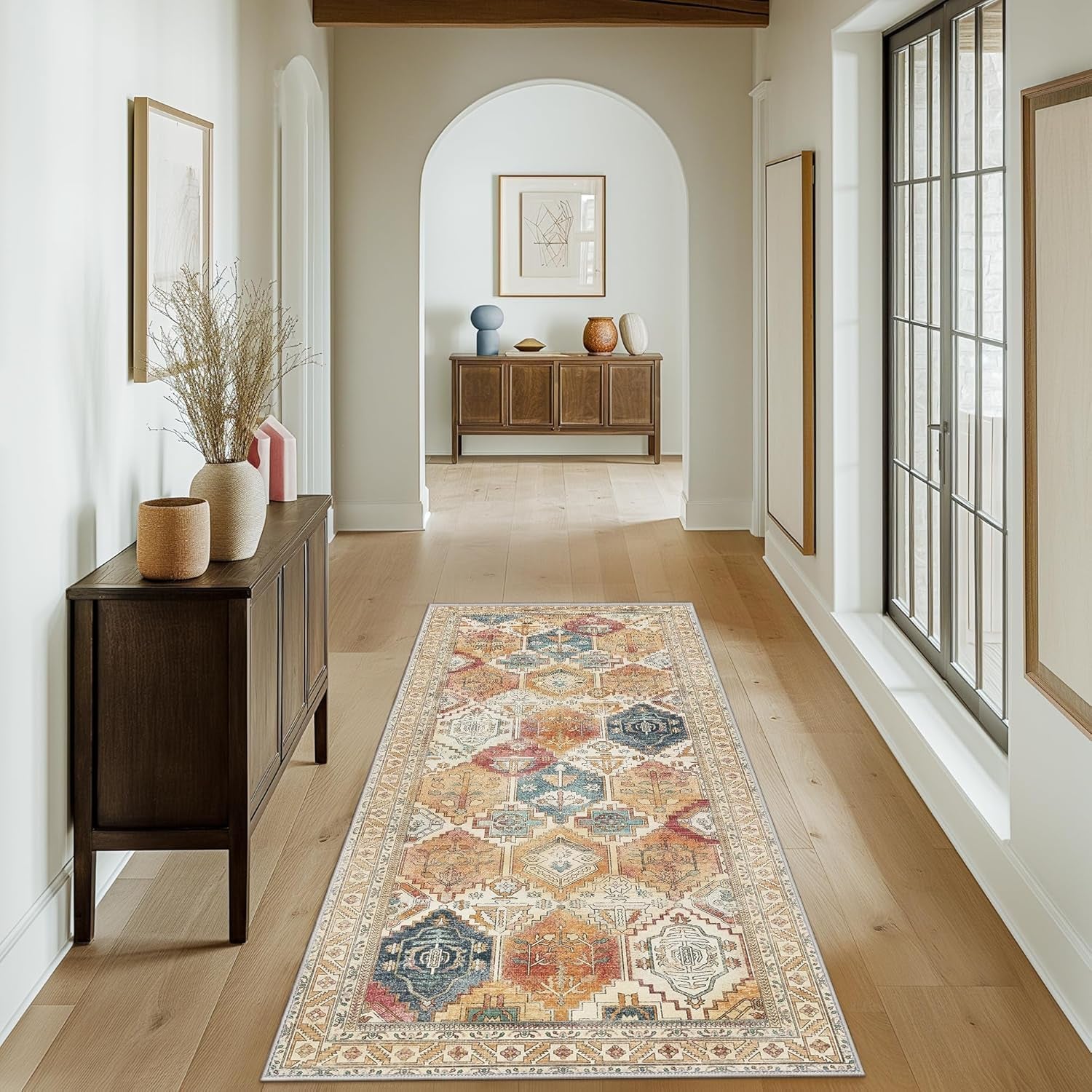 Runner Rug 2X5 Machine Washable Vintage Distressed Print Ultra-Thin Chenille Hallway, Retro Multi