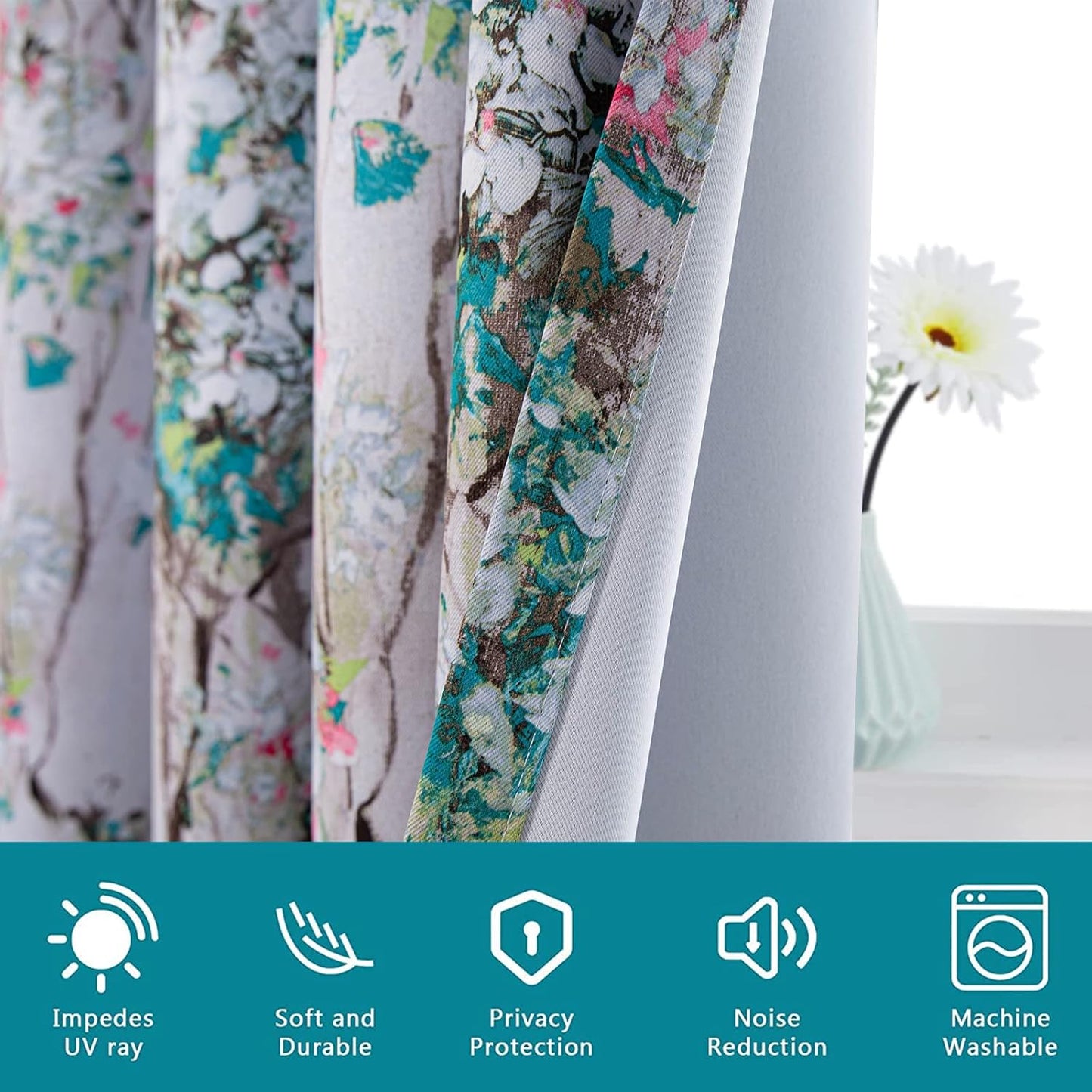 Floral Blackout Curtains 84 Inches Long 2 Panels Pink and Blue Floral Thermal Insulated Ink Vintage Flower Printed