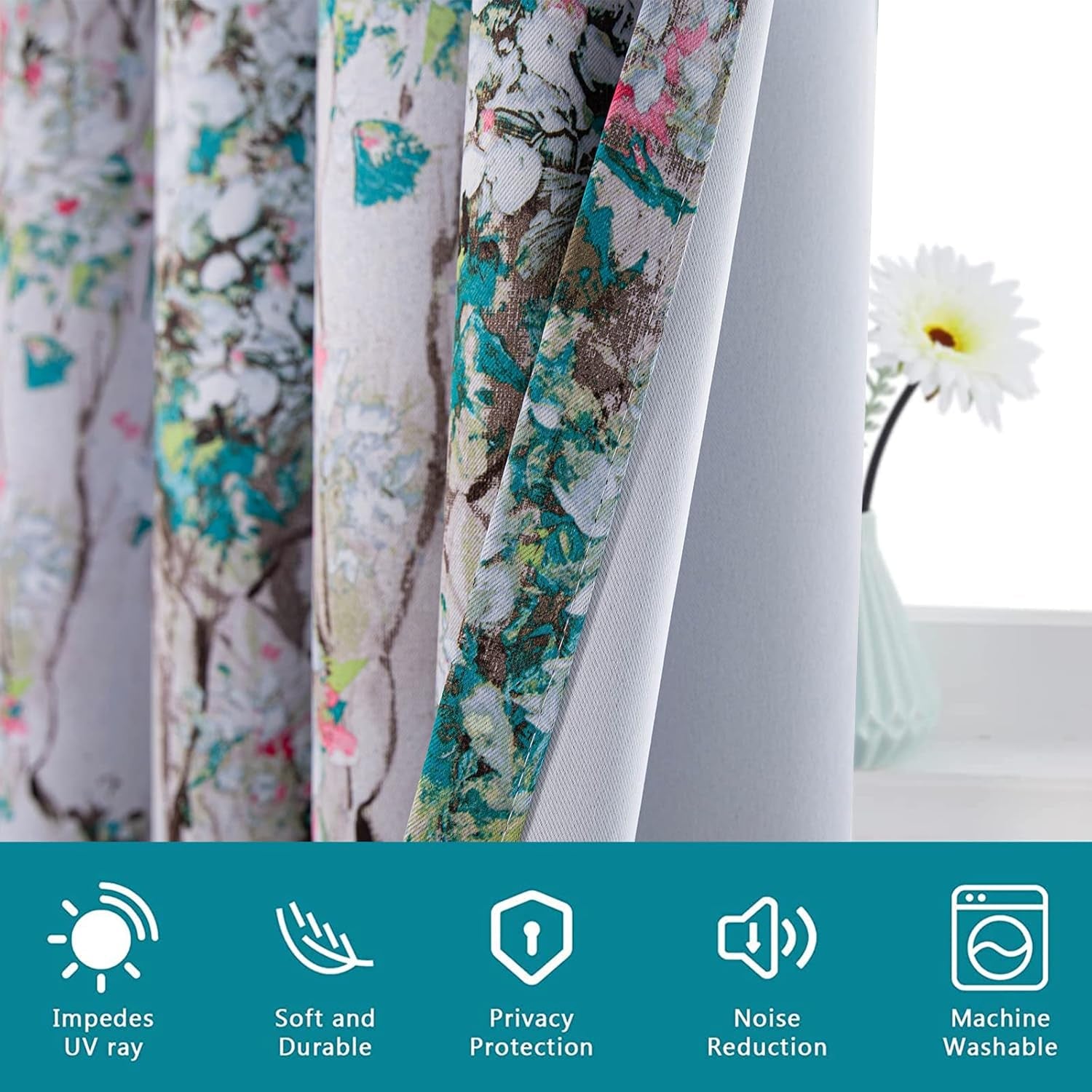 Floral Blackout Curtains 84 Inches Long 2 Panels Pink and Blue Floral Thermal Insulated Ink Vintage Flower Printed