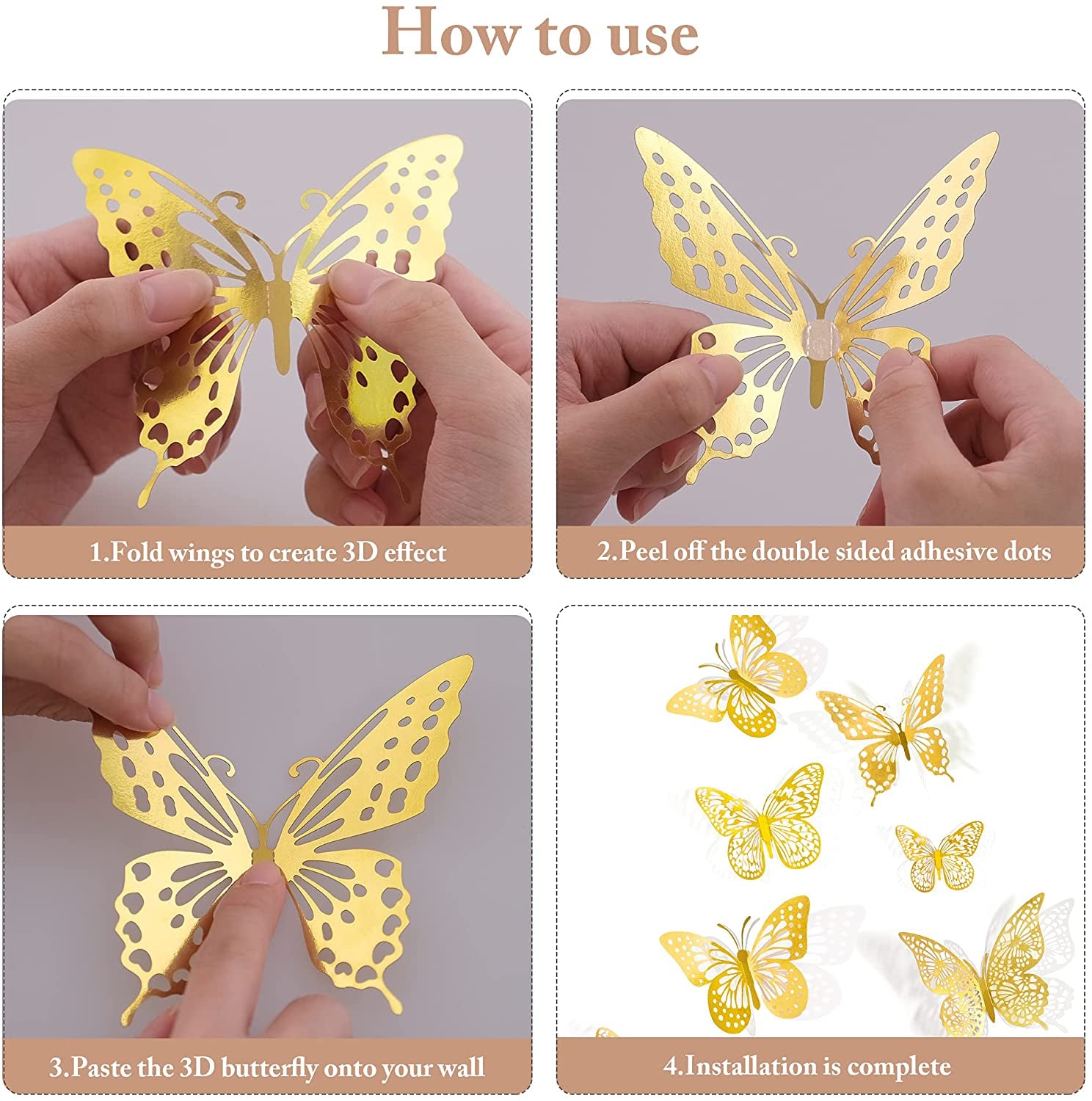3D Butterfly Wall Decor - 48 Pcs, 4 Styles, 3 Sizes, Gold Butterfly Decorations, Removable Stickers