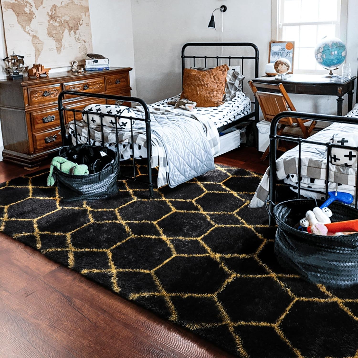 Geometric Thick Fluffy Black and Gold Area Rug, 6X9
