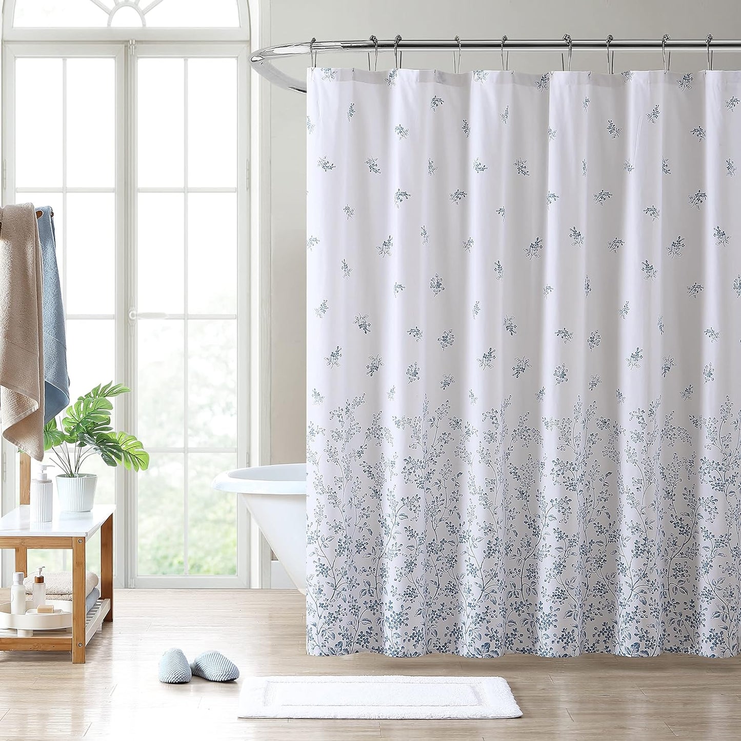 Shower Curtain, Stylish Bathroom Decor with Buttonhold Top, Elegant Blue Flowers