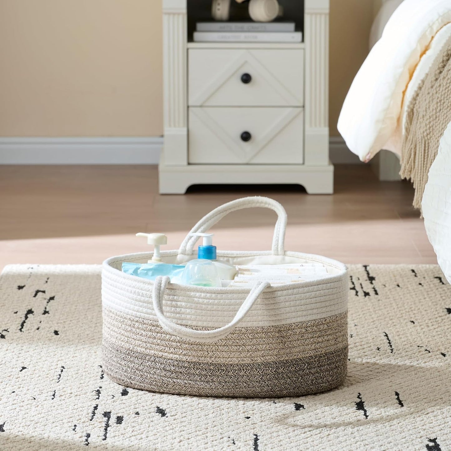 Baby Diaper Caddy Organizer, Large Cotton Rope Nursery Diaper Basket - Gradient Brown