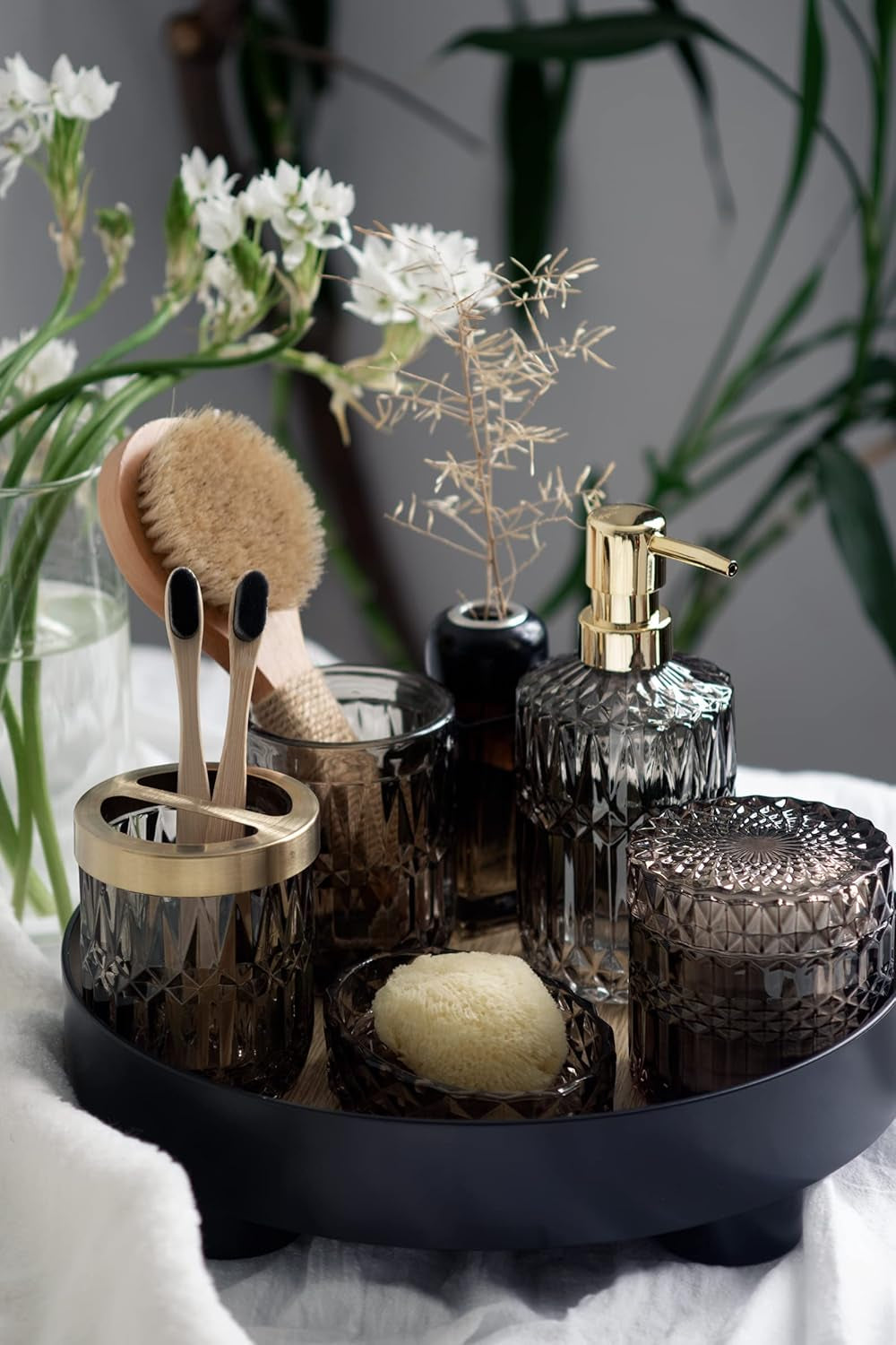 6PCS Bathroom Gray Glass Accessories Set
