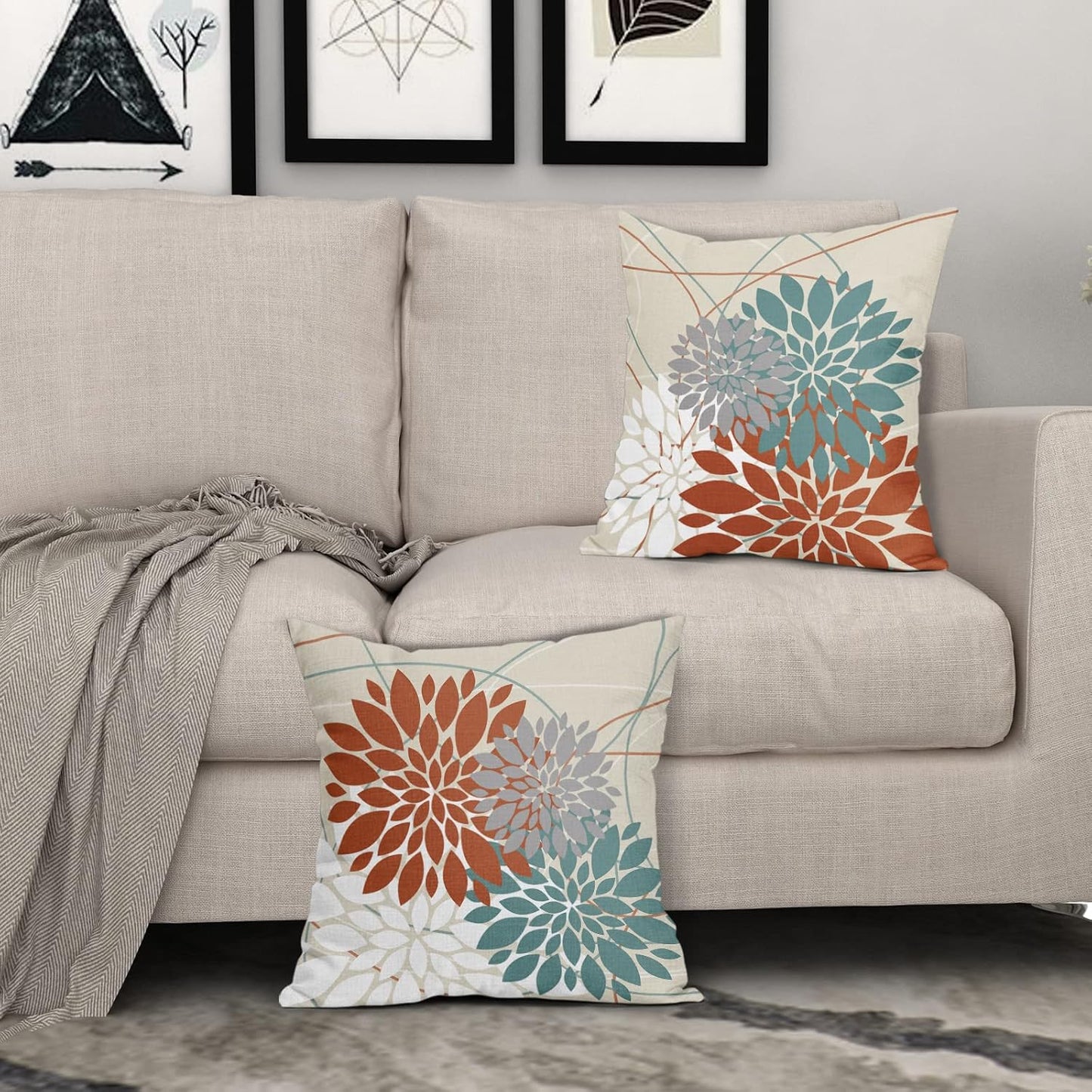 Orange Aqua Throw Pillow Covers 16X16 Dahlia Flower White Gray Elegant Colored, Set of 2