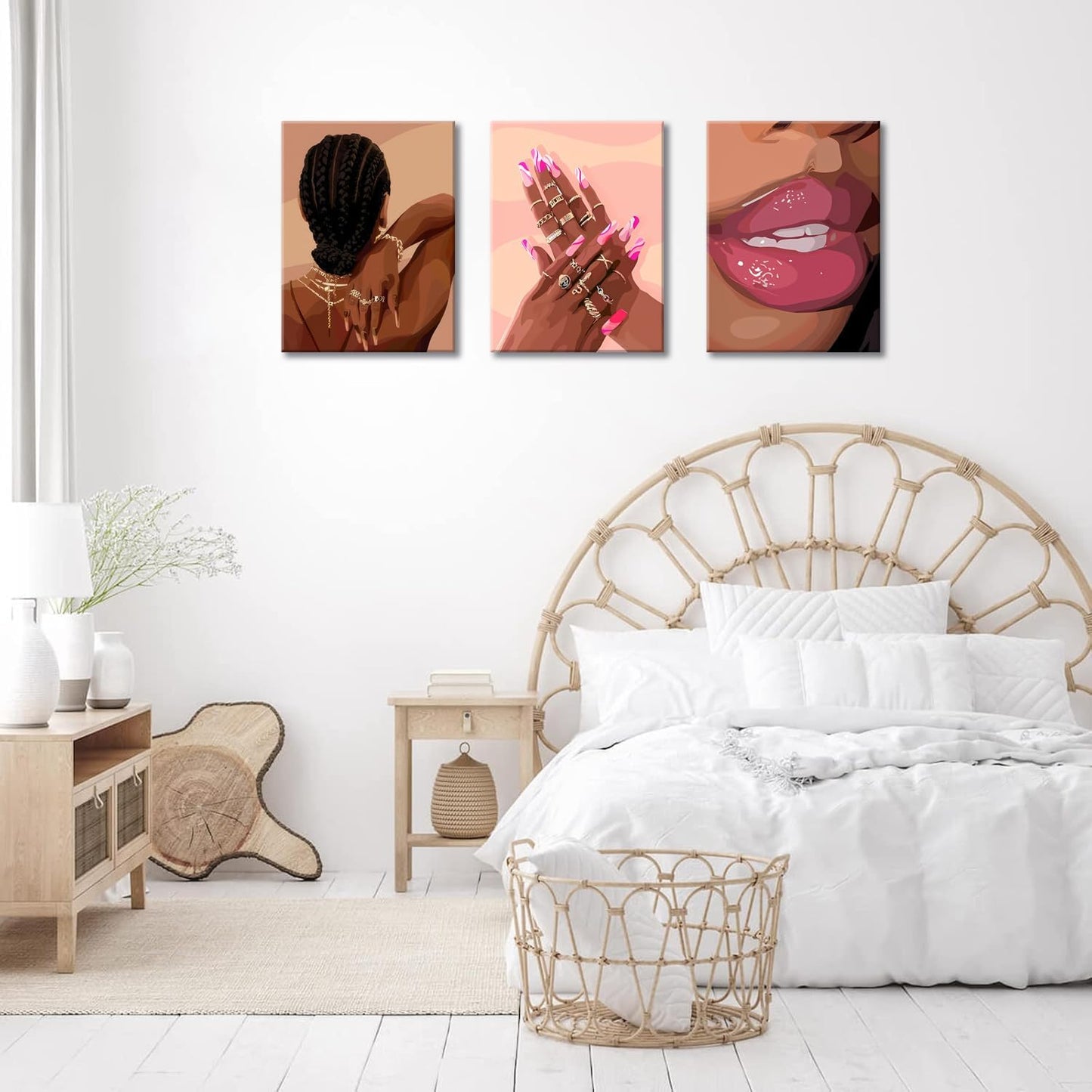 Black Girl Pink Wall Art Set of 3 African American Black Women Canvas Posters Fashion for Bathroom Decoration 12X16 Inch Framed