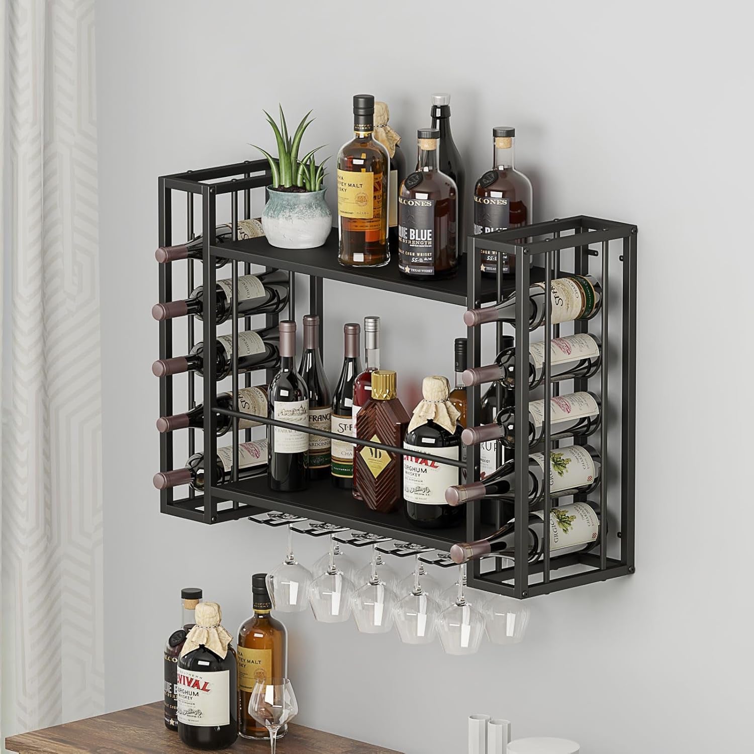 Wall Mounted Wine Rack, with Wine Glass Rack, 2-Tier Multi-Functional Shelf, Black