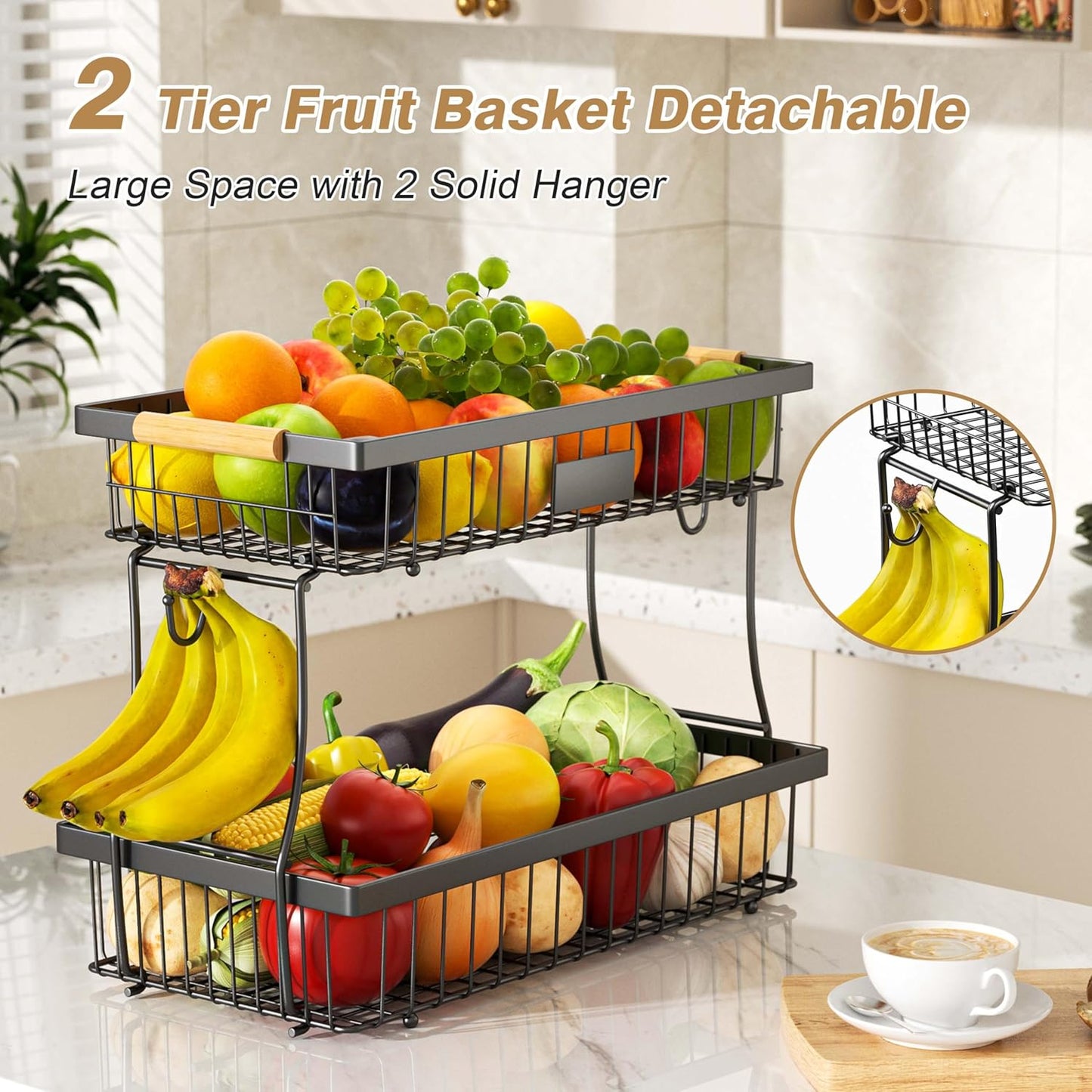2 Tier Fruit Basket for Kitchen Counter, Wire Tiered Fruit Stand with Hangers & Handles, Black
