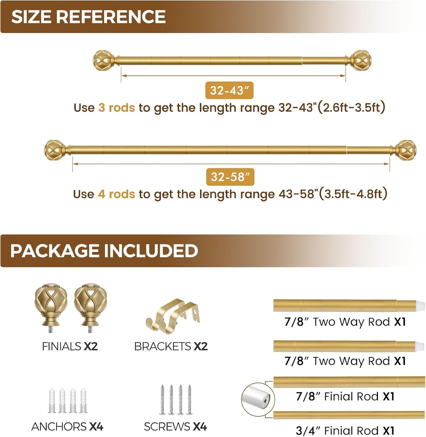 Gold Curtain Rod 32 to 58 Inch(2.6-4.8Ft), 7/8 Inch Single Adjustable Curtain Rods for Windows 28 to 48, Decorative Drapery Rods with Netted Texture Ends