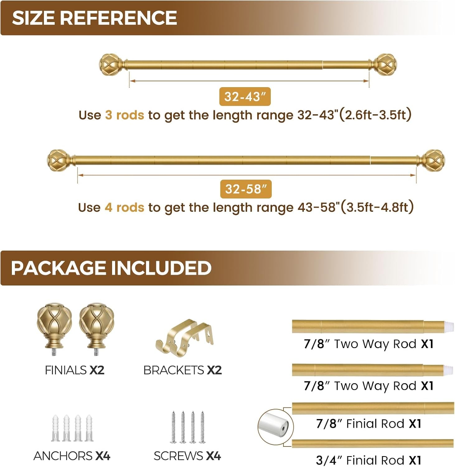 Gold Curtain Rod 32 to 58 Inch(2.6-4.8Ft), 7/8 Inch Single Adjustable Curtain Rods for Windows 28 to 48, Decorative Drapery Rods with Netted Texture Ends