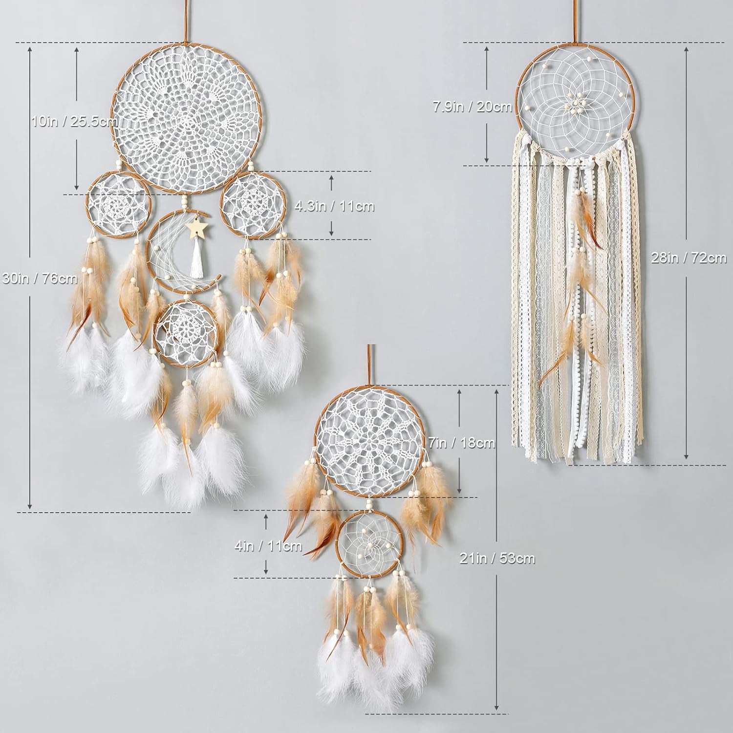 5 Pack Dream Catcher Moon and Sun Design Boho Wall Hanging Decor (Brown)